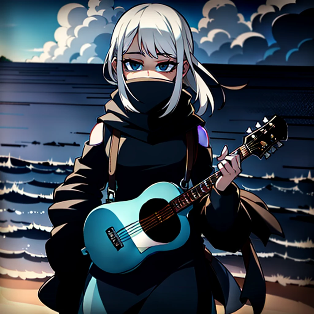 dusk，White hair girl，Wearing a white shirt and plaid skirt，The hood covered her face，She carries a backpack on one shoulder，A guitar on one shoulder，Facing the sea。