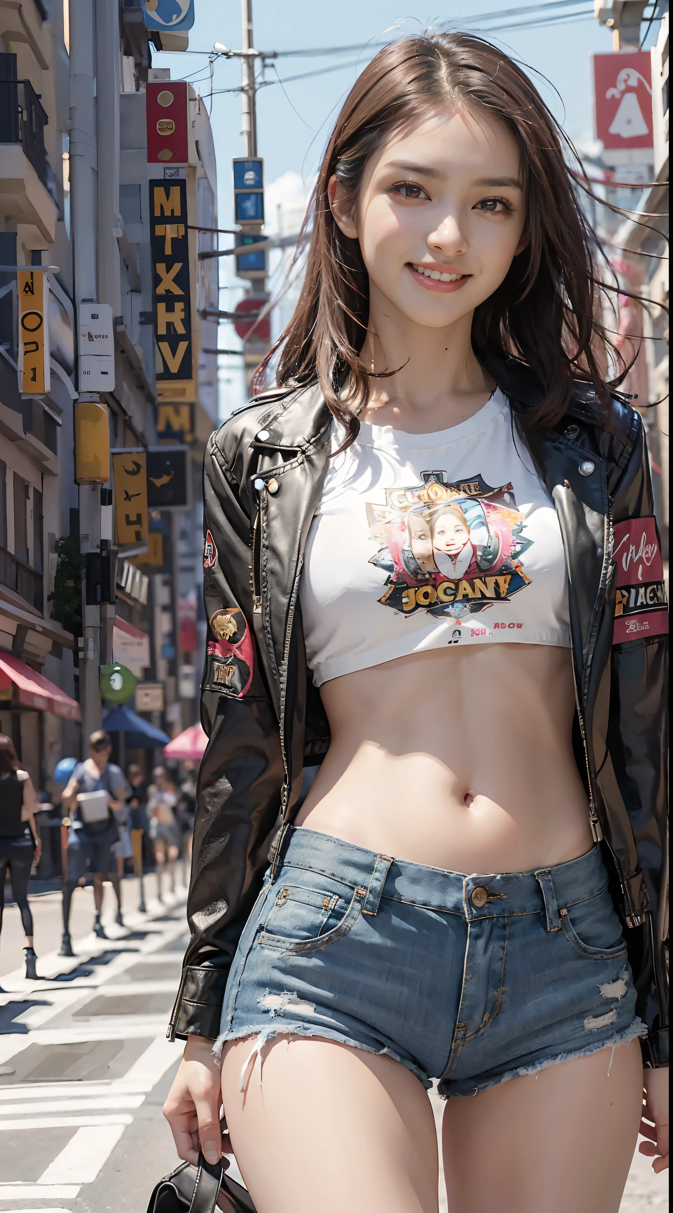 8ก, best quality, (beauty), high definition, realistic, real person, Jackpot at the slot machine, Dare to post, smile, scream, A beautiful girl., Glossy shorts, The t-shirt is short enough to fit your stomach., short leather jacket, (Wear lots of chic jewelry.))