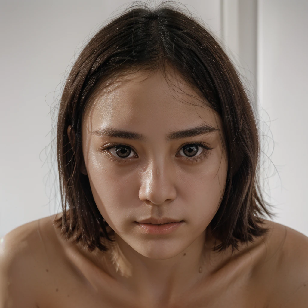 A 13-year-old half Japanese-European girl with a calm beautiful face, no smile, big dark eyes, a high-bridged nose, short hair, plain white background