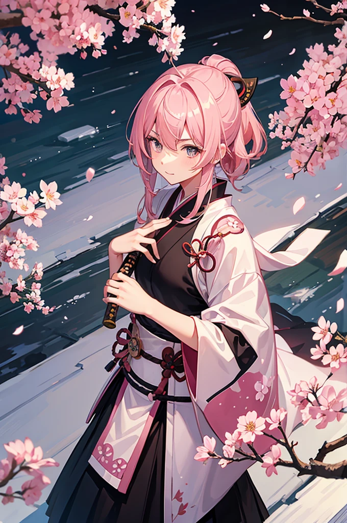 Male samurai, medium hair, pink hair, katana, cherry blossom