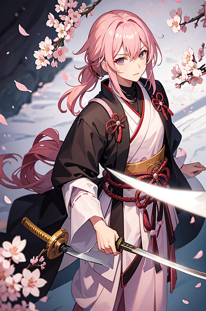 Male samurai, medium hair, pink hair, katana, cherry blossom
