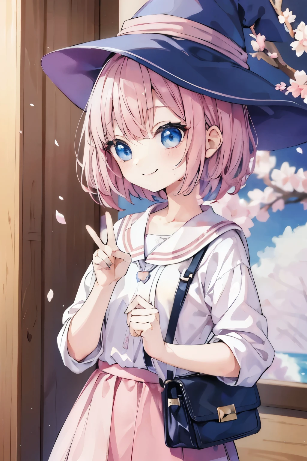 A girl with short pink hair who looks like a high school student、Blue Eyes、Little Witch、High 、Proud look、smile、The right hand holds the left hand making a peace sign