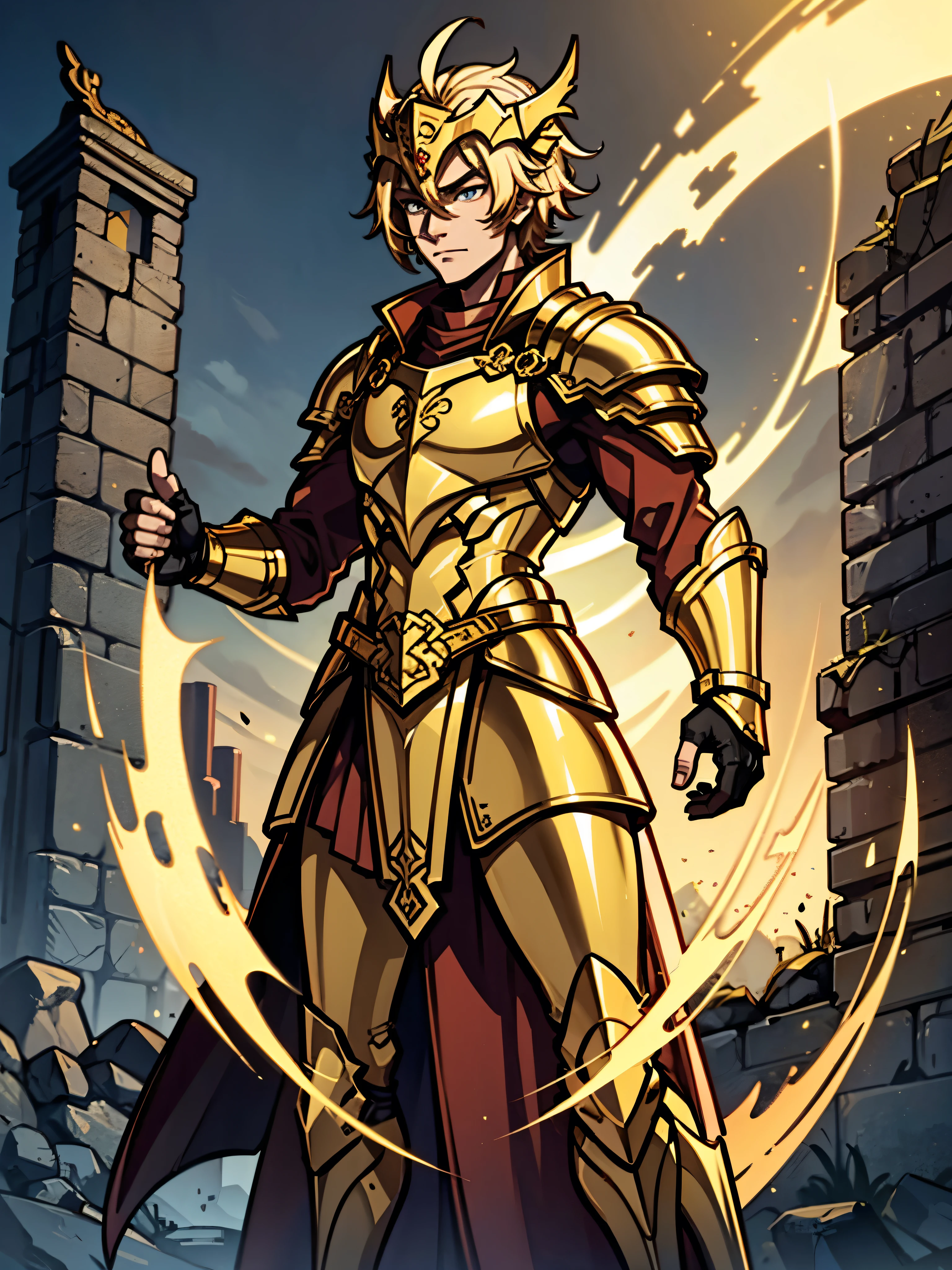 Male Warrior,Golden Dragon Armor,blonde,Golden Dragon Helmet,cloak,Standing,Handsome
