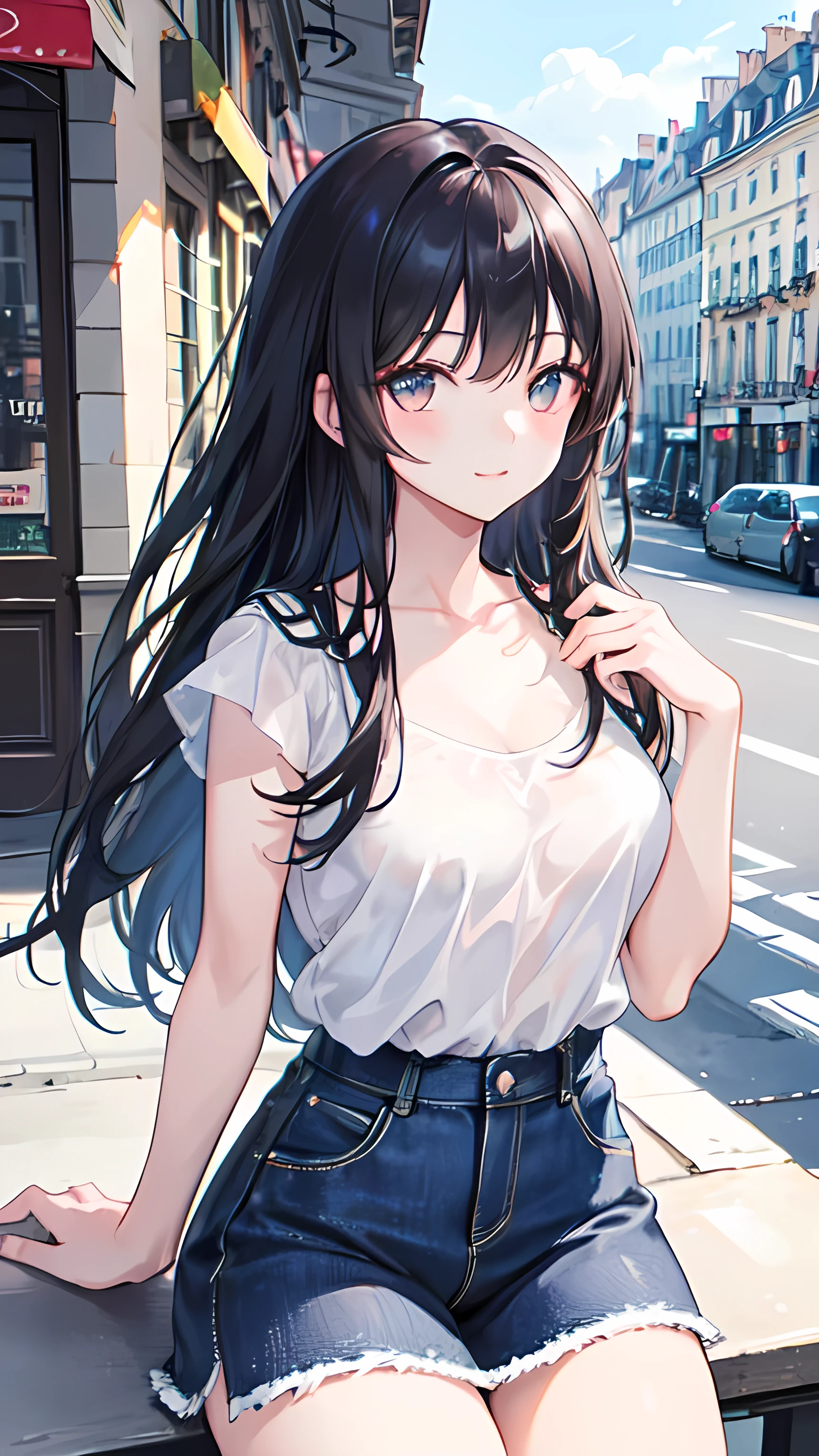 1 girl,(Black semi-long hair)(Beautiful hair), actor, Smile, Glowing skin, best quality, masterpiece, (Reality:1.4), Terrace Seating, Europe, France, Paris, Denim Mini Skirt (Realistic fabrics), White short sleeve (Cotton fabric), (No logo), Thin fingers