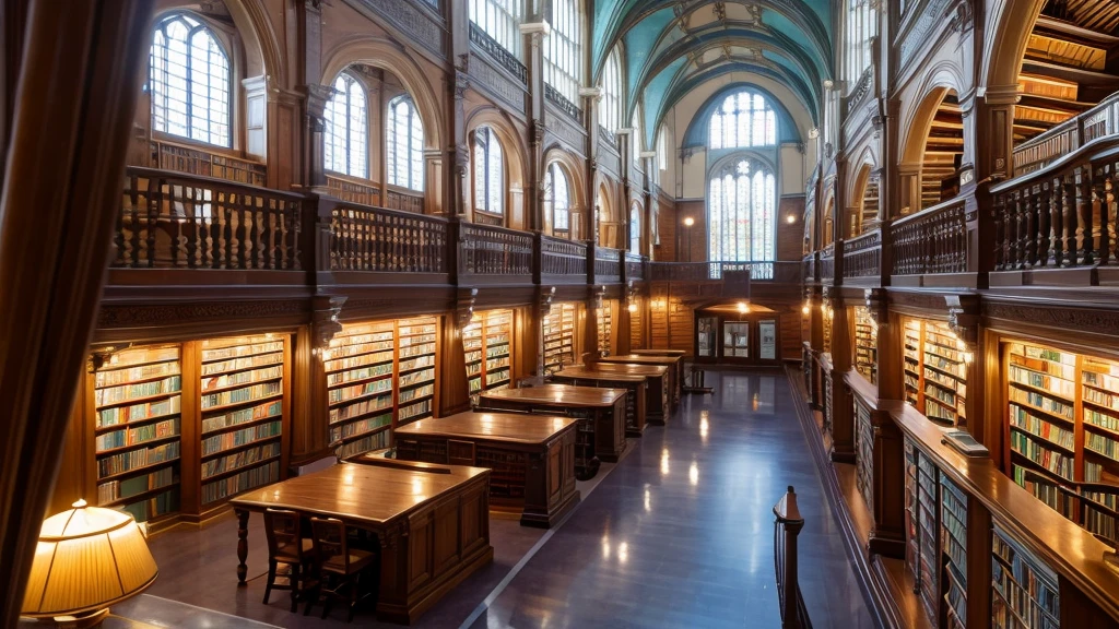 A spacious library with high ceilings