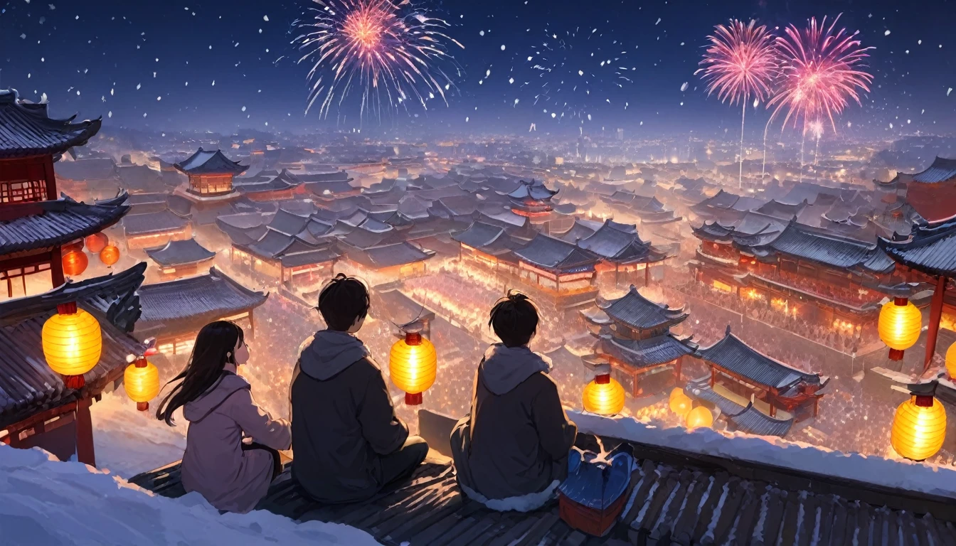 Ancient china city, lantern festival night, firework in the sky, roofs looming in snow, snow falling, one 21-year-old man and one  are sitting on the roof watching fireworks