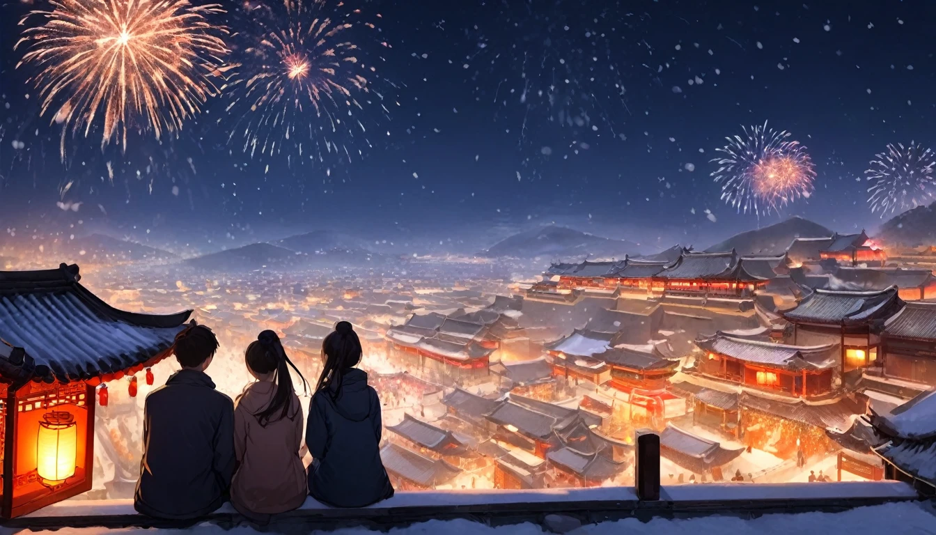 Ancient china city, lantern festival night, firework in the sky, roofs looming in snow, snow falling, one 21-year-old man and one are sitting on the roof watching fireworks