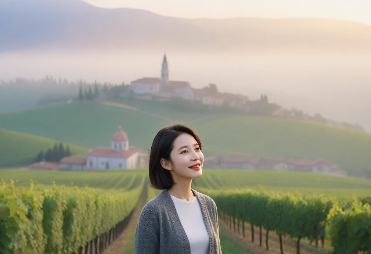 8k best picture quality, Beautiful 36-year-old Korean woman, Chest size 34 inches, Dawn in the northern Italian countryside, View of the cathedral next to the vineyards, The back background is realistic and vivid quality., short medium hair, shirts and cardigans, Wear casual pants, Smile slightly. the background is clear, look up to the side., Looking at vineyards covered in thick fog from a tree-lined hill road