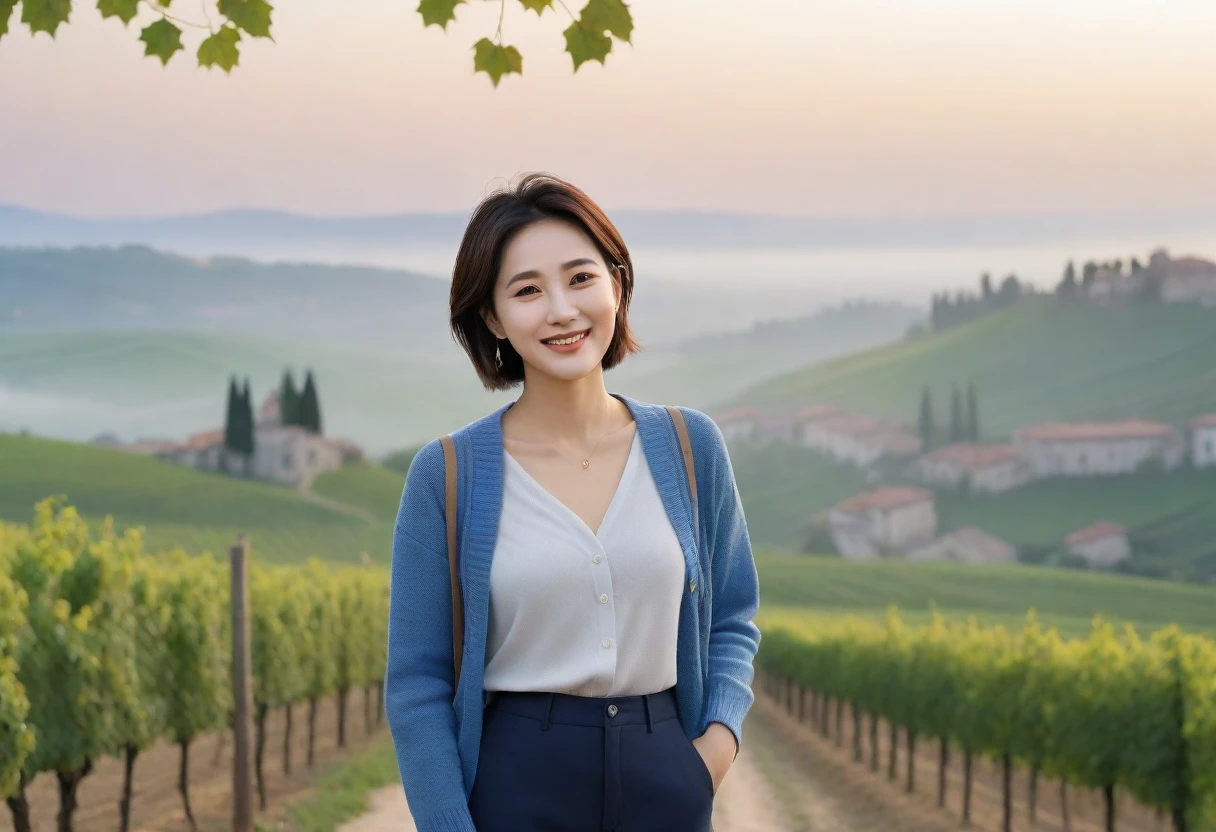8k realistic, lifelike photo,, 36 year old Korean woman, Short in stature, pretty like a model. front view, white shirt and short cardigan, casual pants, short medium hair, smiling, Italy. spring, vineyard, thick dawn fog. vineyard 지나 짙은 안개 속으로 저 멀리 성당이 보인다. Full body shot from afar with a wide angle lens , 1 woman, Short in stature, superb picture quality, The morning fog is getting thicker, The picture quality is alive... Full body shot with Canon 16-35 wide angle lens, Put on your horn-rimmed sunglasses and look to the side.