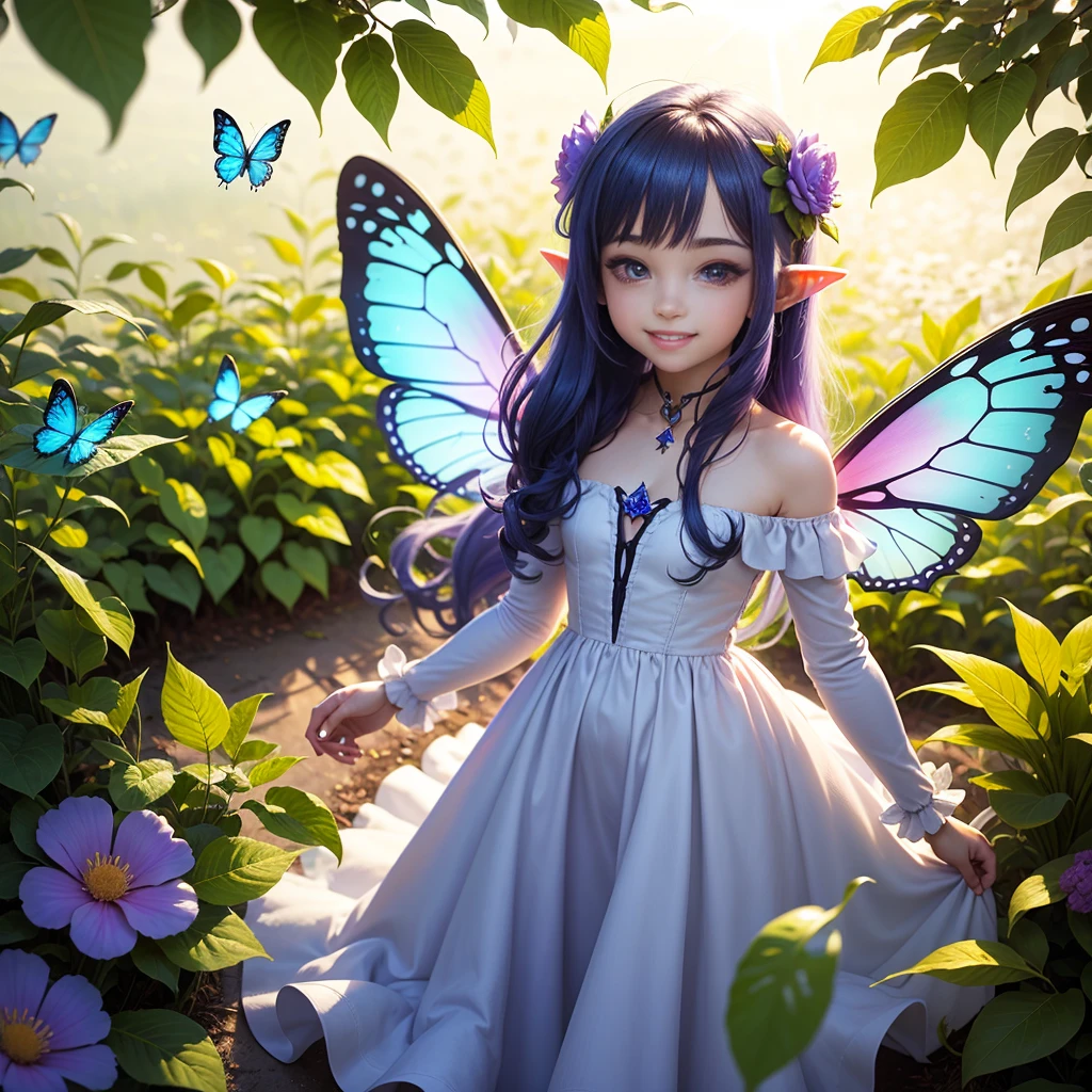 Cute  fairy, long hair, blue-lightpurple sparkling hair, sparkling, pointed ears, sunlight, dress made of leaves, transparent wings, beautiful blue butterfly, big flower, leavesThe sunlight shines brightly and smiles gently