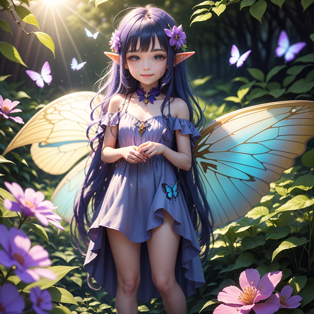 Cute little fairy, long hair, blue-lightpurple sparkling hair, sparkling, pointed ears, sunlight, dress made of leaves, transparent wings, beautiful blue butterfly, big flower, leavesThe sunlight sparkles
