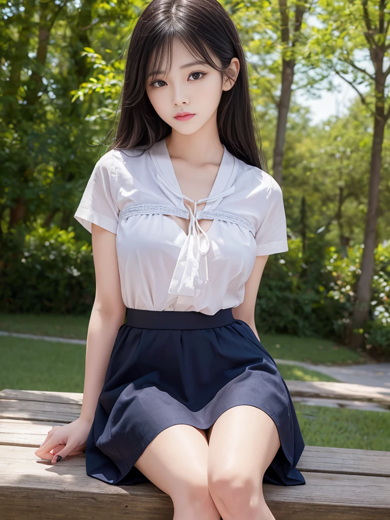 8k, RAW Photos, Highest quality, masterpiece:1.2), masterpiece, Highest quality, shape, Very detailed, Fine details, High resolution, 8k,wallpaper, Perfect dynamic composition,(High quality with attention to detail, Realistic depiction of eyes:1.3)、Tied up and bound woman、fold your hands behind your back、Sitting on a bench by the lake、White panties are visible、Look forward、21talent、beauty、Well-formed face、Even out the eyes、Beautiful black hair、Bangedium Build、Balanced proportions、Beautiful feet、Short sleeve shirt、Long skirt、