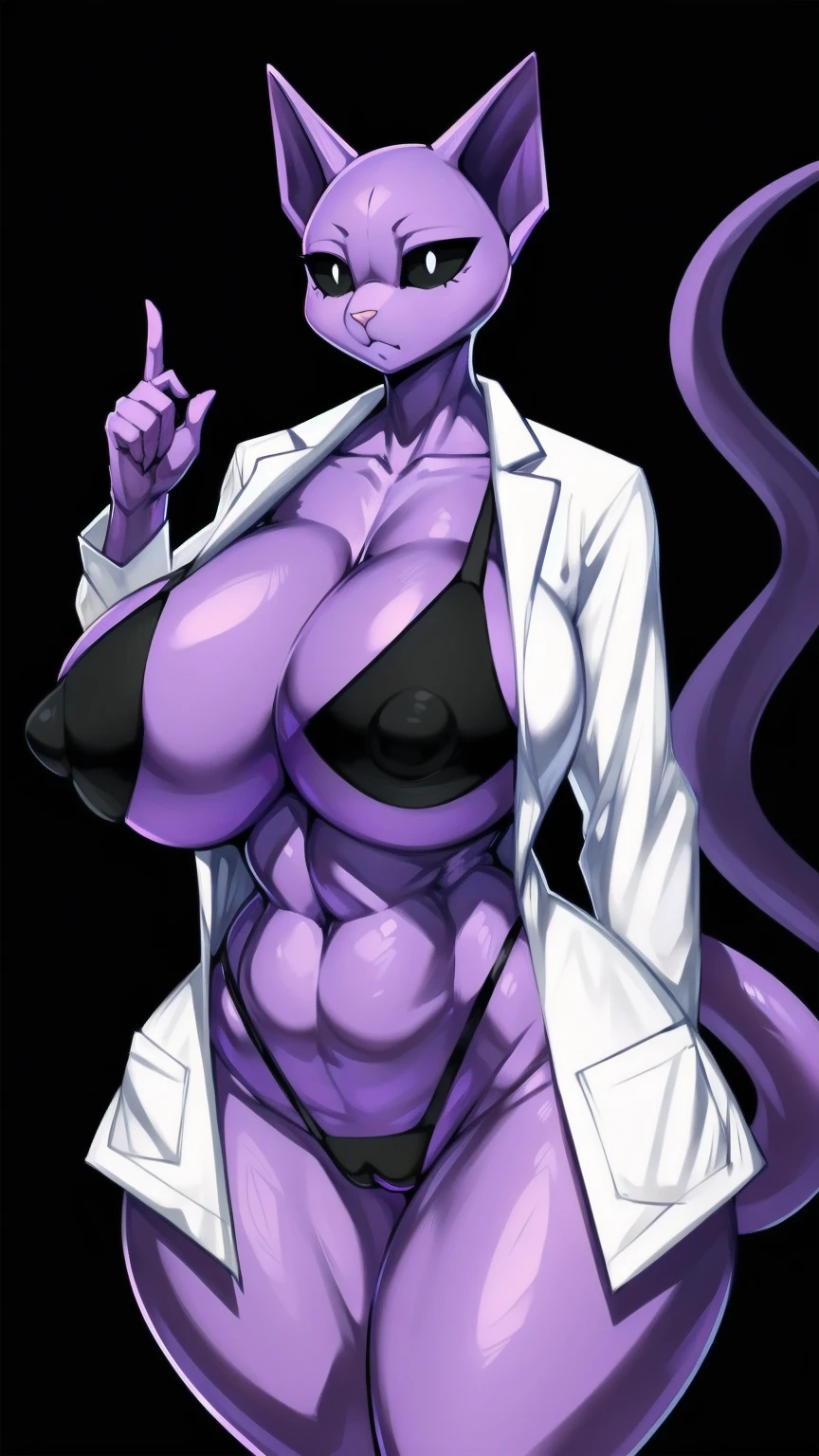 ((((black microbikini:1)))) bikini((made by zackary911:1 art style)), ((adorable cute sad cat face)), (colors her skin and face purple:1), focus on the female furry cat, ((small and tiny cat female body)), ((superiority and perfect body) ), ((female bald cat face dressed only in a white scientist's lab coat and a black Micro Bikini :1)), ((no hair anywhere on her body, no skin, total baldness, baldness:1)), masterpiece, Best quality, purple body and face color, a furry and feminine woman is a cute cat with purple hair, orange cat tongue, no hair anywhere on her body, pink cat nose, bare skin, big thighs, big tits and natural, big breasts, ((Hourglass figure)), (1.4), huge , thick, thick body, sexy massive female, Perfect body, big breasts, big ass, Perfect body, masterpiece, Best quality, full figure, voluptuous SEXY body, smooth. Perfect, athletic body, purple nipples, large oval eyes with black sclera and white pupils, orange tongue, ((purple inside her cat ears)), light pink cat nose, black and white eyes, ((long tail of dark purple color)), purple vagina, ((completely smooth face)), ((violet female sphinx cat face)), ((sphynx cat head)), orange cat tongue, adorable face, ((Cute face)), voluptuous cat woman, ((white scientist lab coat)), furry cat with an happy face expression, ((very sad face)), sad face, venus Perfect body, ((only 2 cat ears Normal purple, no hair on the head:1)), purple nipples, completely, high quality, masterpiece, adorable and sexy, Beautiful adorable Perfect body, violet color of the body and the face, big black eyes with white iris, cat mouth, cat teeth, bald body, on a romantic date, ((made by art style zackary911:1)
