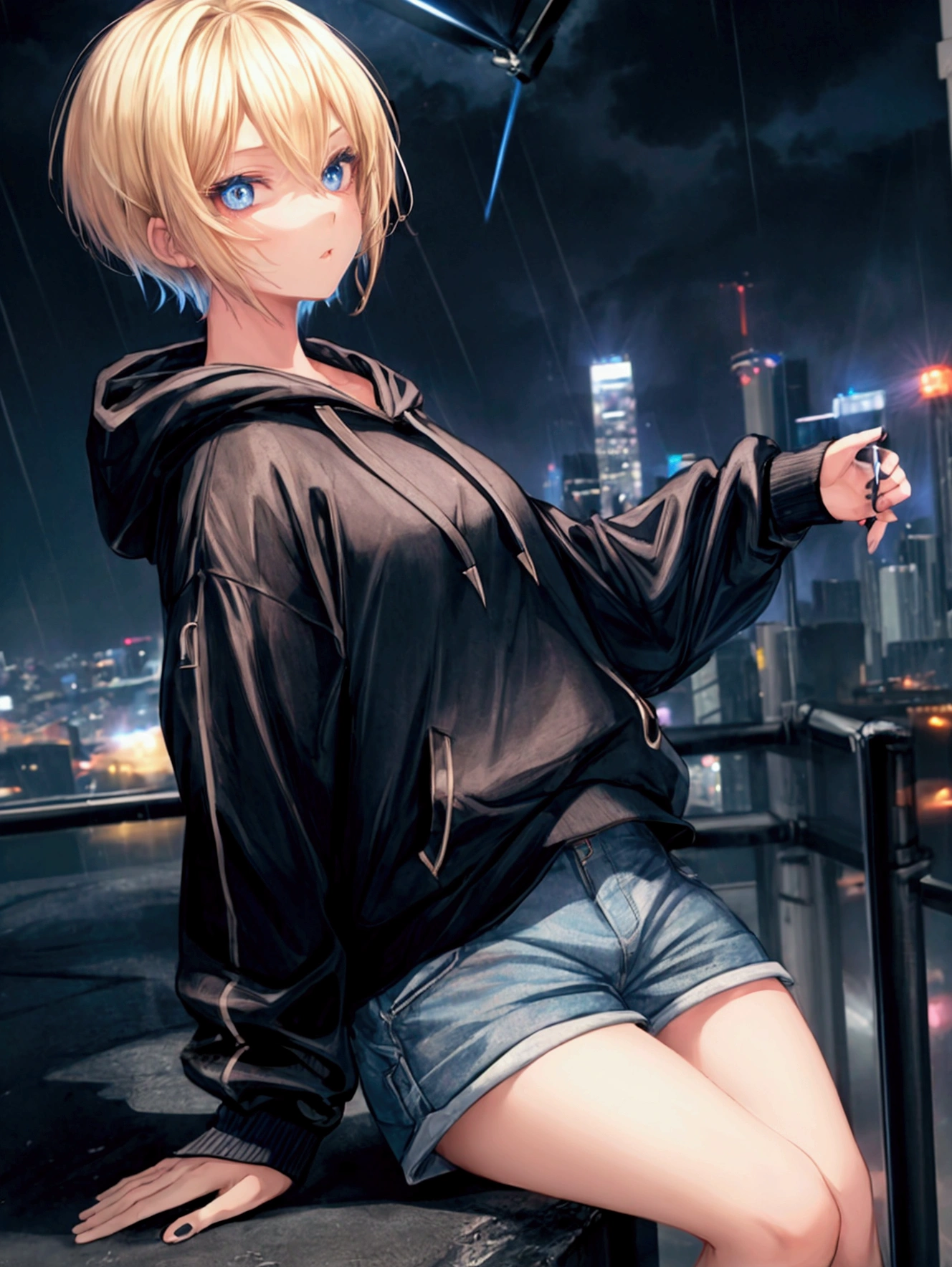 girl with blonde short hair, blue eyes, wearing short pants, black hoodie, night rainy, using lightning magic, low angle camera, from top of bulding