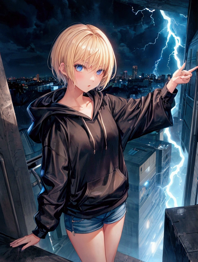 girl with blonde short hair, blue eyes, wearing short pants, black hoodie, night rainy, using lightning magic, low angle camera, from top of bulding