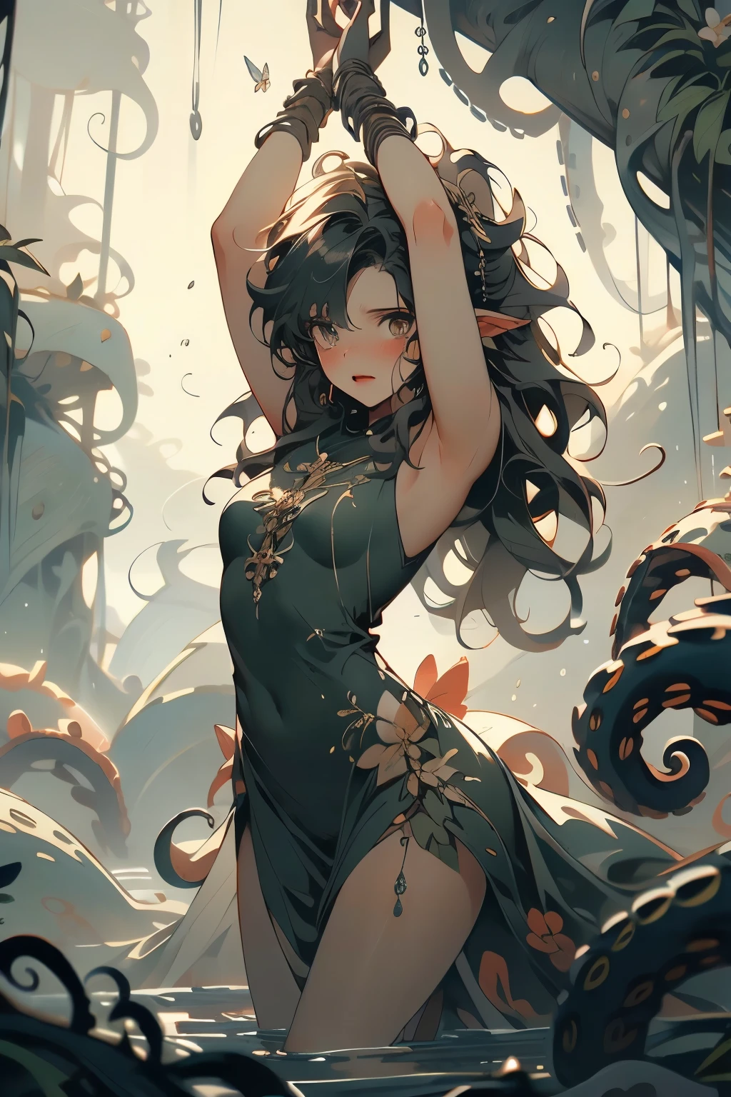((best quality)), ((masterpiece)), (detailed), 1 fairy girl, off-shoulder sweater, a fairy, fairy girl, winged pixie girl, girl fairy, various different types of insect wings, small breasts, NSFW,Covered with tentacles, encoiled by tentacles, Tentacles around the body, many tentacles, captured by tentacles, bound by tentacles, trapped by tentacles, Fine details,Tentacled,Tied with tentacles, roaming tentacles, drooling,Crying,horrified expression, panic, fight for survival, Detailed body,Full limbs,NSFW, being pulled into a flower, wild environment, jungle, terrifying floral environment, horrific nature, predatory flora, fairy catcher, fairy trapper, fairy catcher plant, fairy trapper-plant, fairy catcher flower, fairy trapper-flower inspired by carnivorous plants; a plant occupying the equivelant evolutionary niche as a spider would