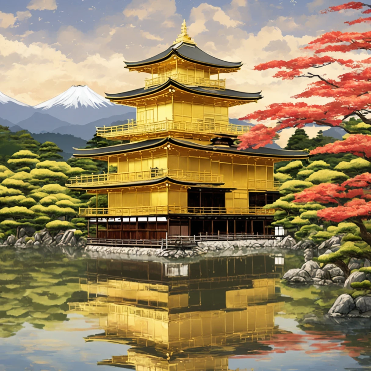 Create an anime-style image of the historic Kinkaku-ji (Golden Pavilion) with its iconic golden roof gleaming. Depict the reflection of the temple in the surrounding pond with intricate details. Include lush greenery representing the changing seasons and majestic mountains in the background. Ensure the overall atmosphere is mystical and dreamlike, capturing a sense of enchantment.
