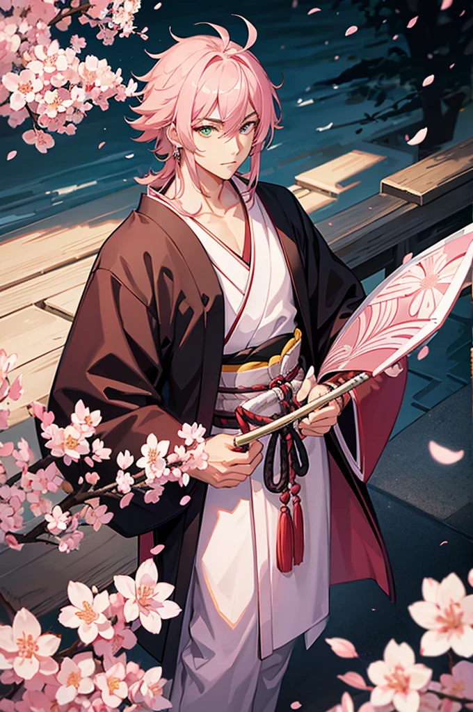 Male samurai, medium hair, pink hair, katana, cherry blossom, green eyes, earring, Japanese robe
