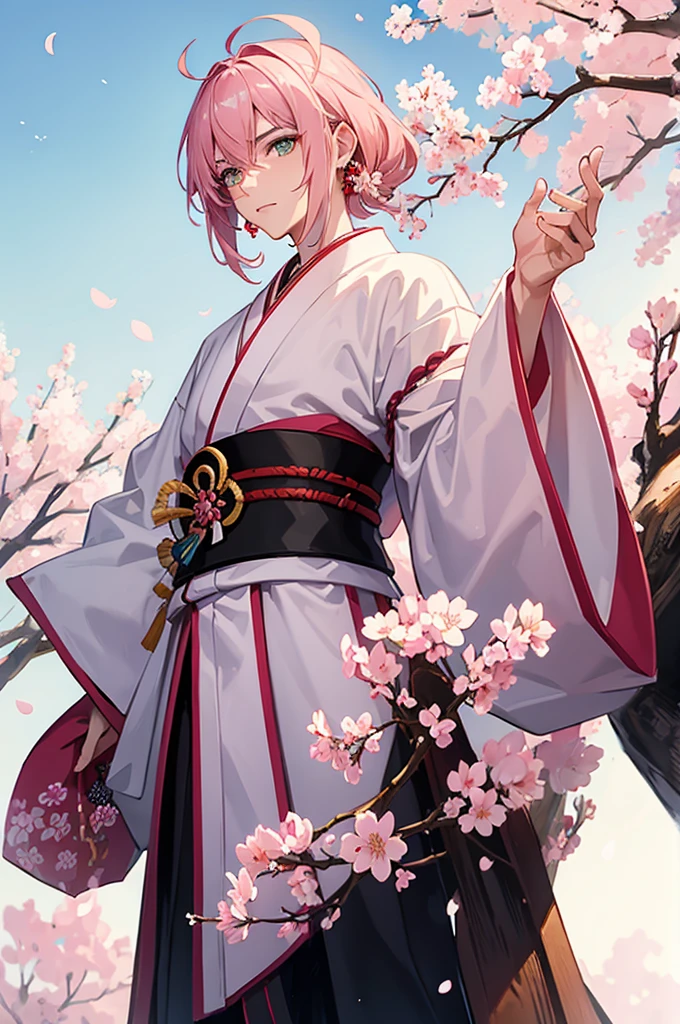 Male samurai, medium hair, pink hair, katana, cherry blossom, green eyes, earring, Japanese robe