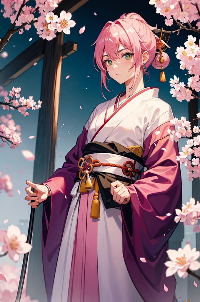 Male samurai, medium hair, pink hair, katana, cherry blossom, green eyes, earring, Japanese robe