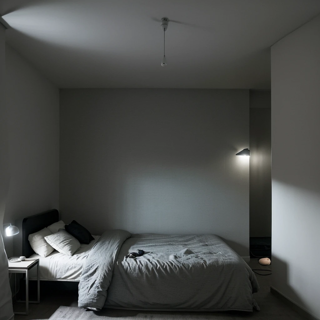 the atmosphere in the apartment room is minimalist, there is a bed and the mattress is bunk, there are city views, rainy weather, realistic, the atmosphere is exciting, the atmosphere is dark, there are only room lights, Children's room