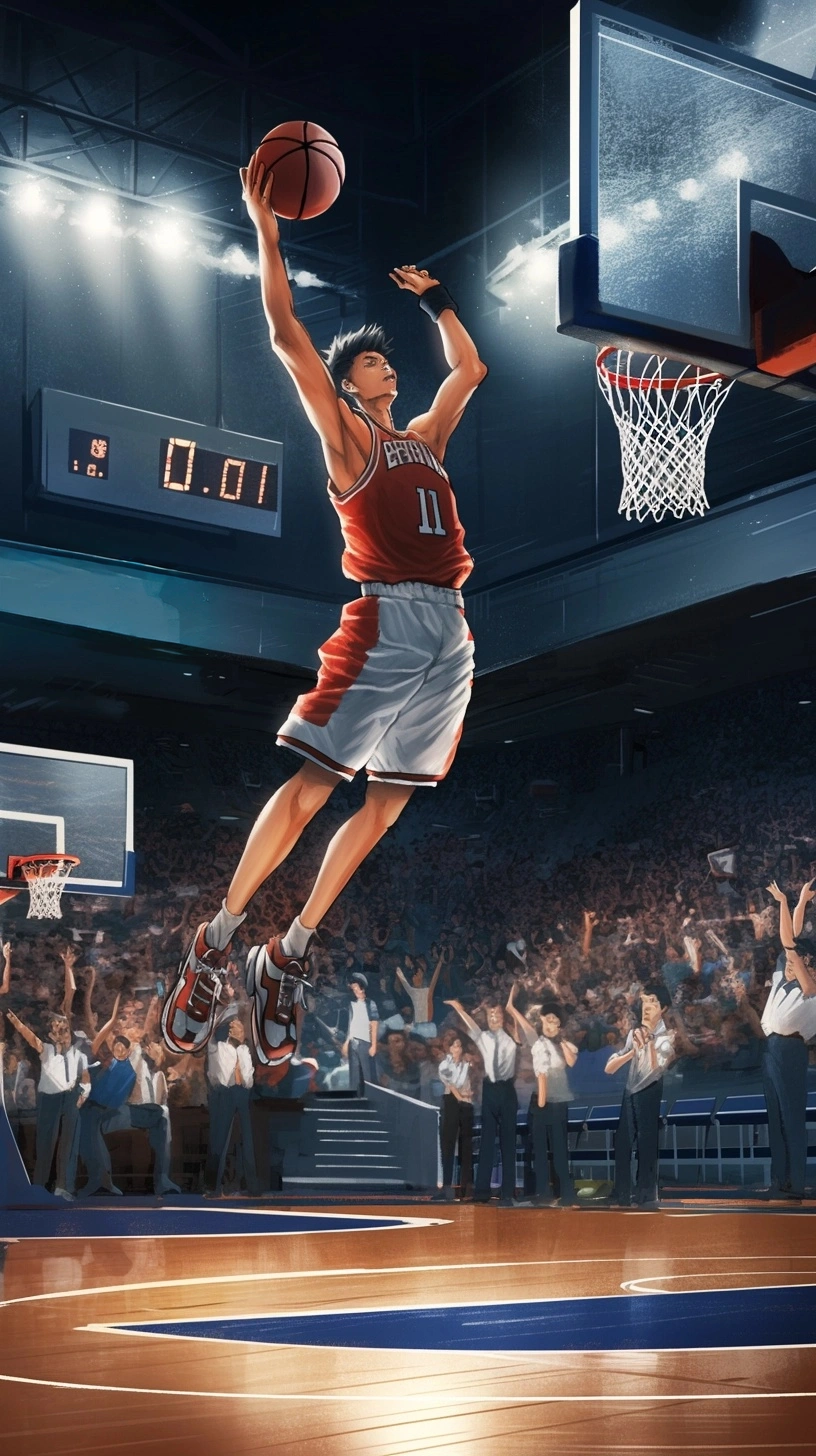 painting of a basketball player jumping in the air to dunk a ball, scence of slam dunk, slam dunk, dunking, rob rey and kentaro miura style, inspired by Ernie Barnes, kenton nelson, posterized, basketball sneaker concept art, digital painting highly detailed, norman rockwell ross tran, warriors fan art, stylized digital illustration, basketball, by Ernie Barnes