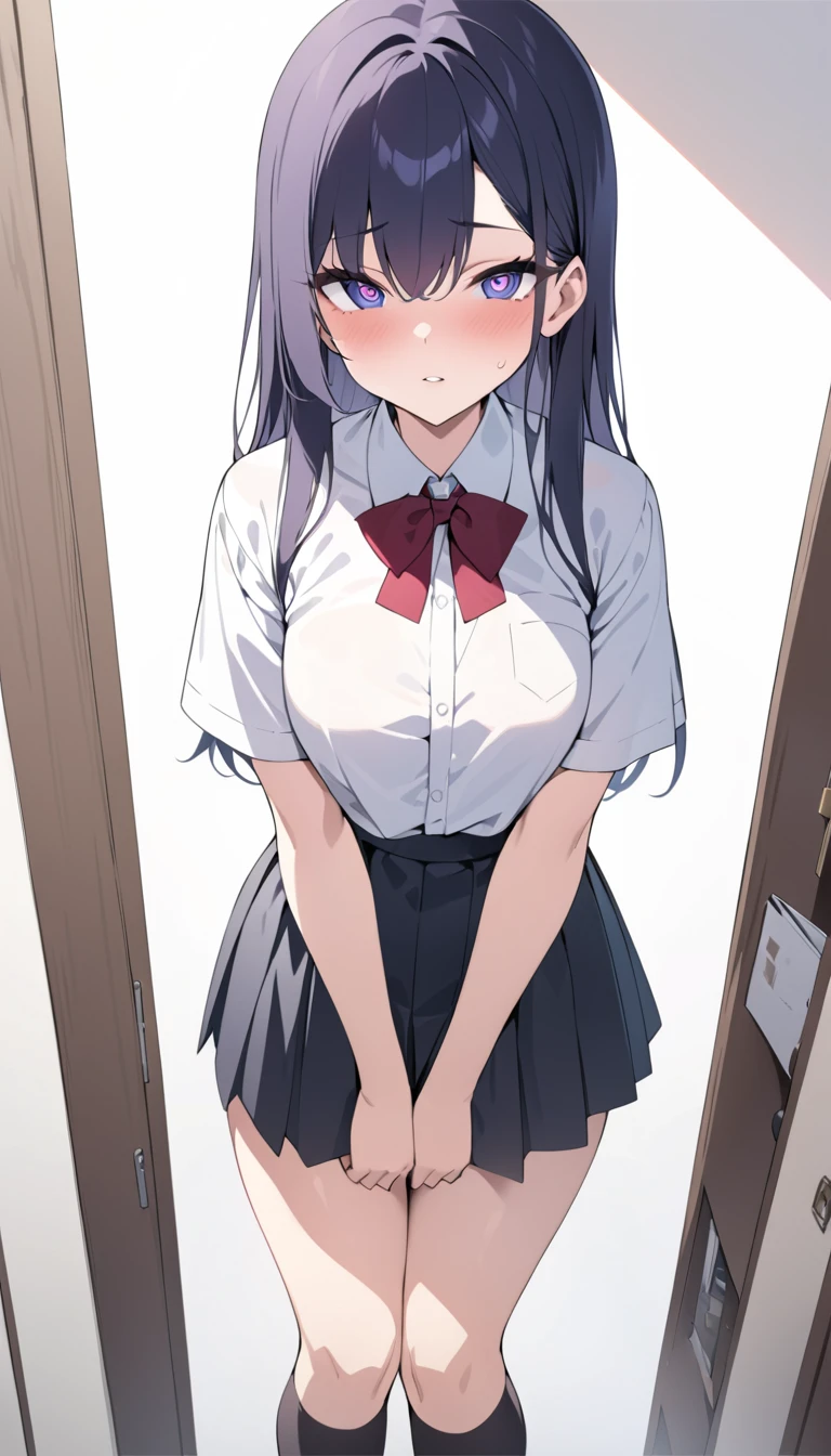 (((masterpiece, high resolution))), beautiful woman, Japan Beauty, 20 years old, high school student, skirt, knee socks, beautiful woman, looking at me, (((high resolution face, high resolution eyes))), hentai, white background, standing
