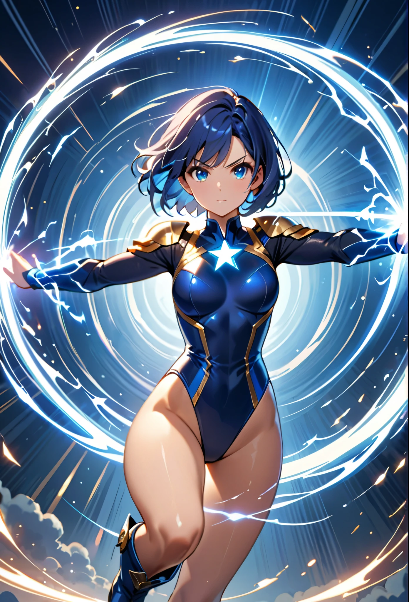 masterpiece, best quality, 1girl, superhero, ((leotard, dark blue leotard)), long sleeves, bare legs, boots, dark blue boots, matching boots, medium breasts, diffraction spikes, light particles, standing, standing straight, dark blue hair, ((short hair, bob hair)), blue eyes, beautiful detailed eyes, beautiful detailed face, cute face, (perfect hands, complete fingers, perfect anatomy, perfect proportions), heroic, ((star symbol on the chest)), serious, full body with costume, full body, cowboy shot, ((raised arms, (spins fast) in place like a (tornado), (she spins) at an incredible speed, creating a (whirlwind) of air around her, (cyclone) spinning)), ((spiral lines, spinning energy pulse around her)). Curved Sword Slash.