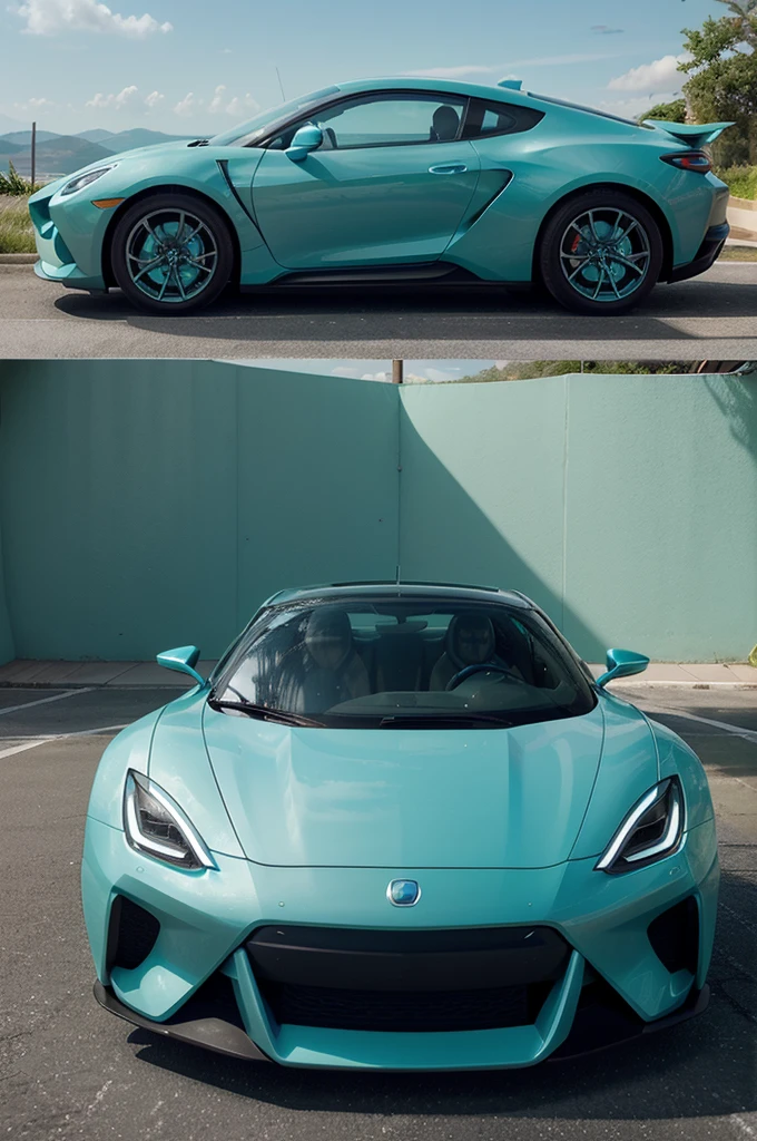 Create an ultra-realistic image of a futuristic car in ice blue and complementary light green colors. The car should look like it comes from the future, featuring large, tinted windows. It should be low-slung with a fast, sporty, and futuristic design. Include a small orchid blossom as a subtle car sticker on the side.