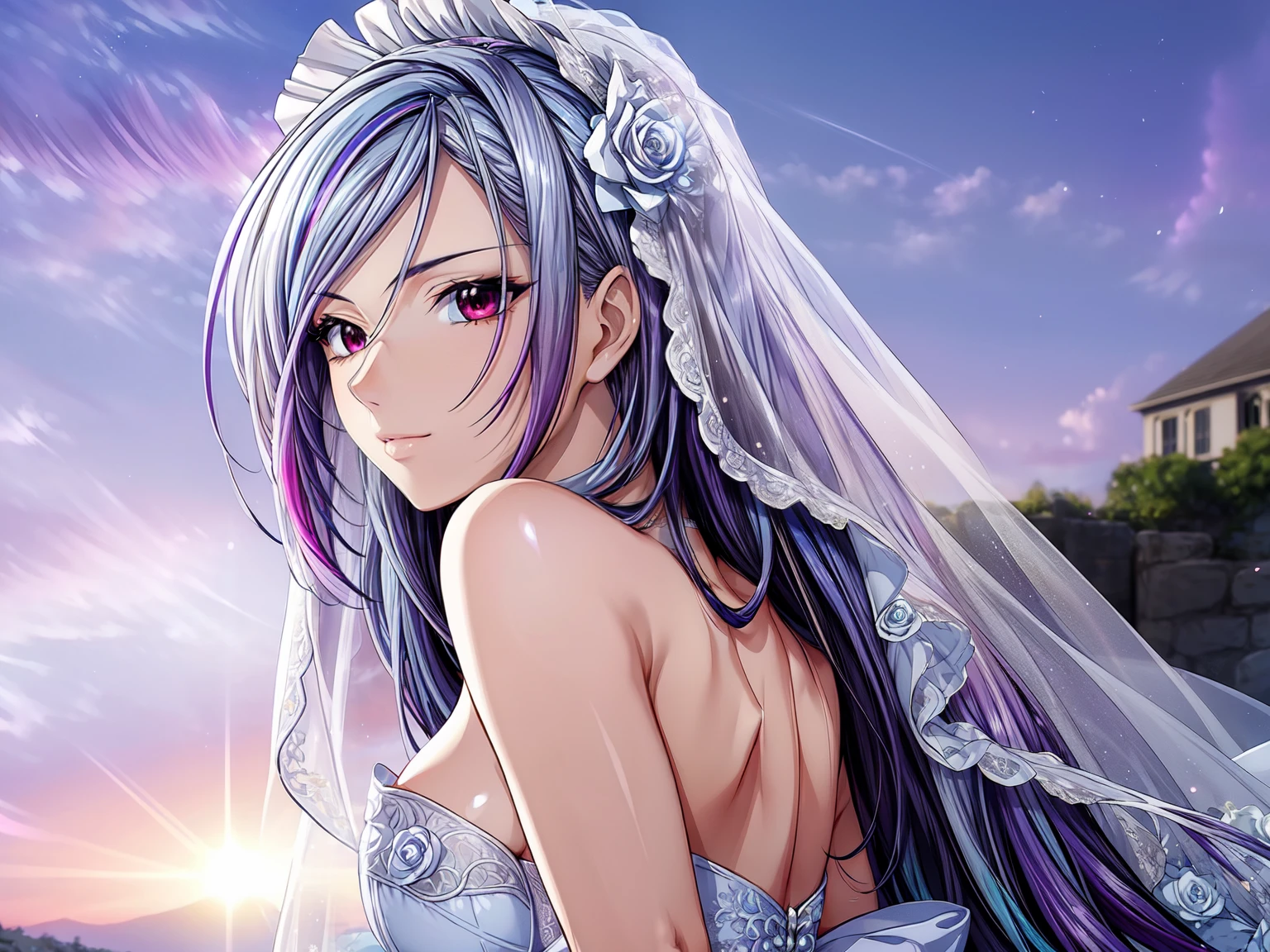 (masterpiece, best quality, beautiful and aesthetic:1.3), look back, side view, 1woman, solo, matured woman, (Silver blue hair streaked purple:1.4), (Gradient sky blue hair ends:1.6), hair strand, absurdly long hair, single sidelock, wavy hair, shiny hair, floating hair, (deep red eyes), delicate eyes, aqua eyes, super high detailed eyes, long upper eyelashes, makeup, Focus on face, Very detailed facial, Perfect breasts, hot body, (Delicate skin texture:1.2), bridal veil, lace-trimmed dress, see-through, wedding dress, outdoors, white roses, garden, morning, standing, extreme detailed,