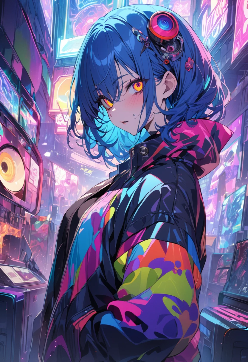 (masterpiece,detailed,High resolution:1.4) , Model shoot, close, detailed face, fine detailed eyes,, (kirishima touka),Blue middle hair,ghoul eyes,Retro Jacket,Tokyo Ghoul,Retrofuturism background, Vibrant colors, High resolution,, ,