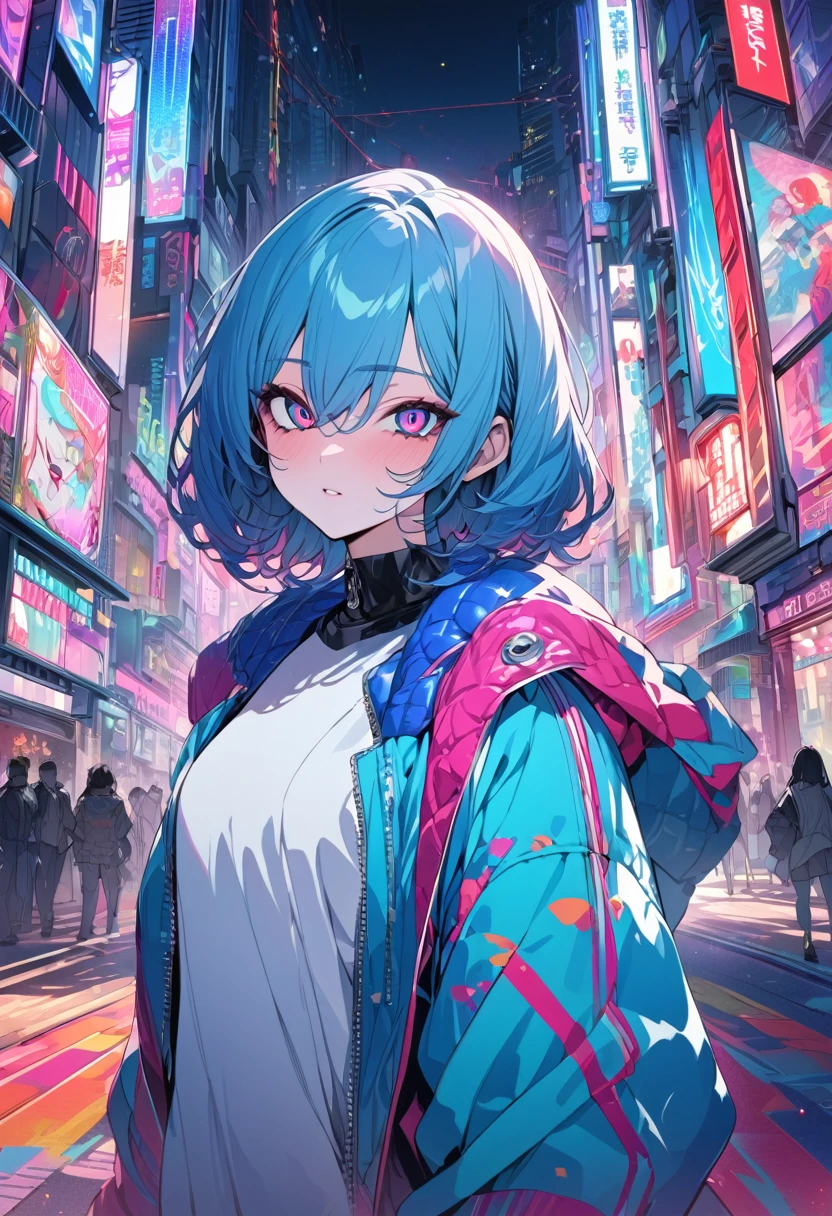 (masterpiece,detailed,High resolution:1.4) , Model shoot, close, detailed face, fine detailed eyes,, (kirishima touka),Blue middle hair,ghoul eyes,Retro Jacket,Tokyo Ghoul,Retrofuturism background, Vibrant colors, High resolution,, ,