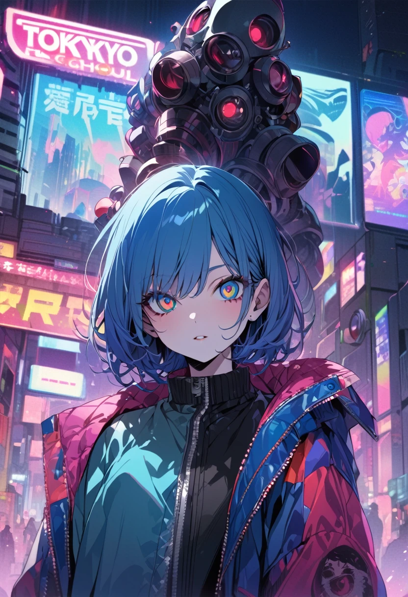 (masterpiece,detailed,High resolution:1.4) , Model shoot, close, detailed face, fine detailed eyes,, (kirishima touka),Blue middle hair,ghoul eyes,Retro Jacket,Tokyo Ghoul,Retrofuturism background, Vibrant colors, High resolution,, , 