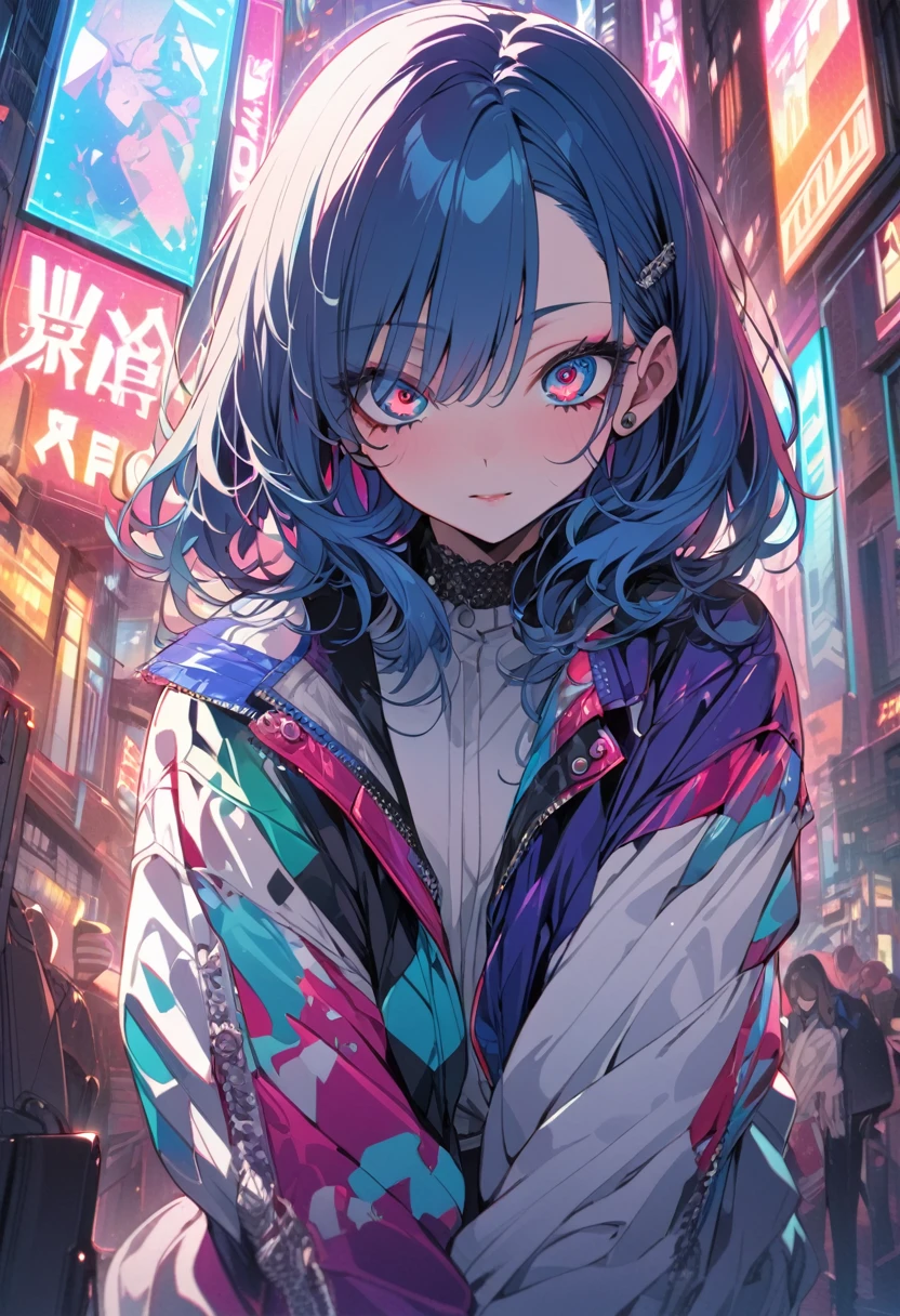 (masterpiece,detailed,High resolution:1.4) , Model shoot, close, detailed face, fine detailed eyes,, (kirishima touka),Blue middle hair,ghoul eyes,Retro Jacket,Tokyo Ghoul,Retrofuturism background, Vibrant colors, High resolution,, , 