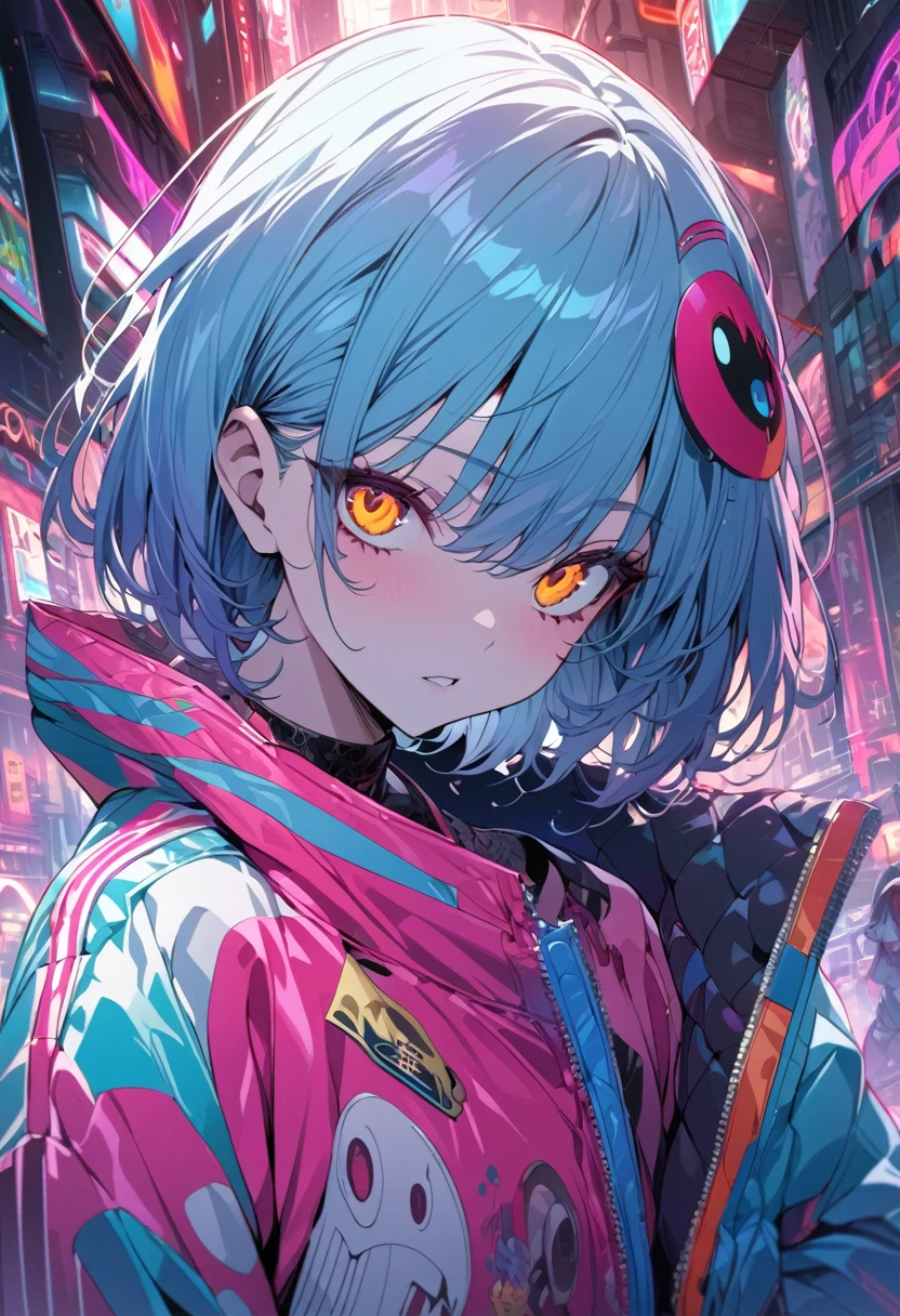 (masterpiece,detailed,High resolution:1.4) , Model shoot, close, detailed face, fine detailed eyes,, (kirishima touka),Blue middle hair,ghoul eyes,Retro Jacket,Tokyo Ghoul,Retrofuturism background, Vibrant colors, High resolution,, , 