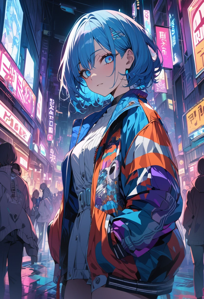 (masterpiece,detailed,High resolution:1.4) , Model shoot, close, detailed face, fine detailed eyes,, (kirishima touka),Blue middle hair,ghoul eyes,Retro Jacket,Tokyo Ghoul,Retrofuturism background, Vibrant colors, High resolution,, , 