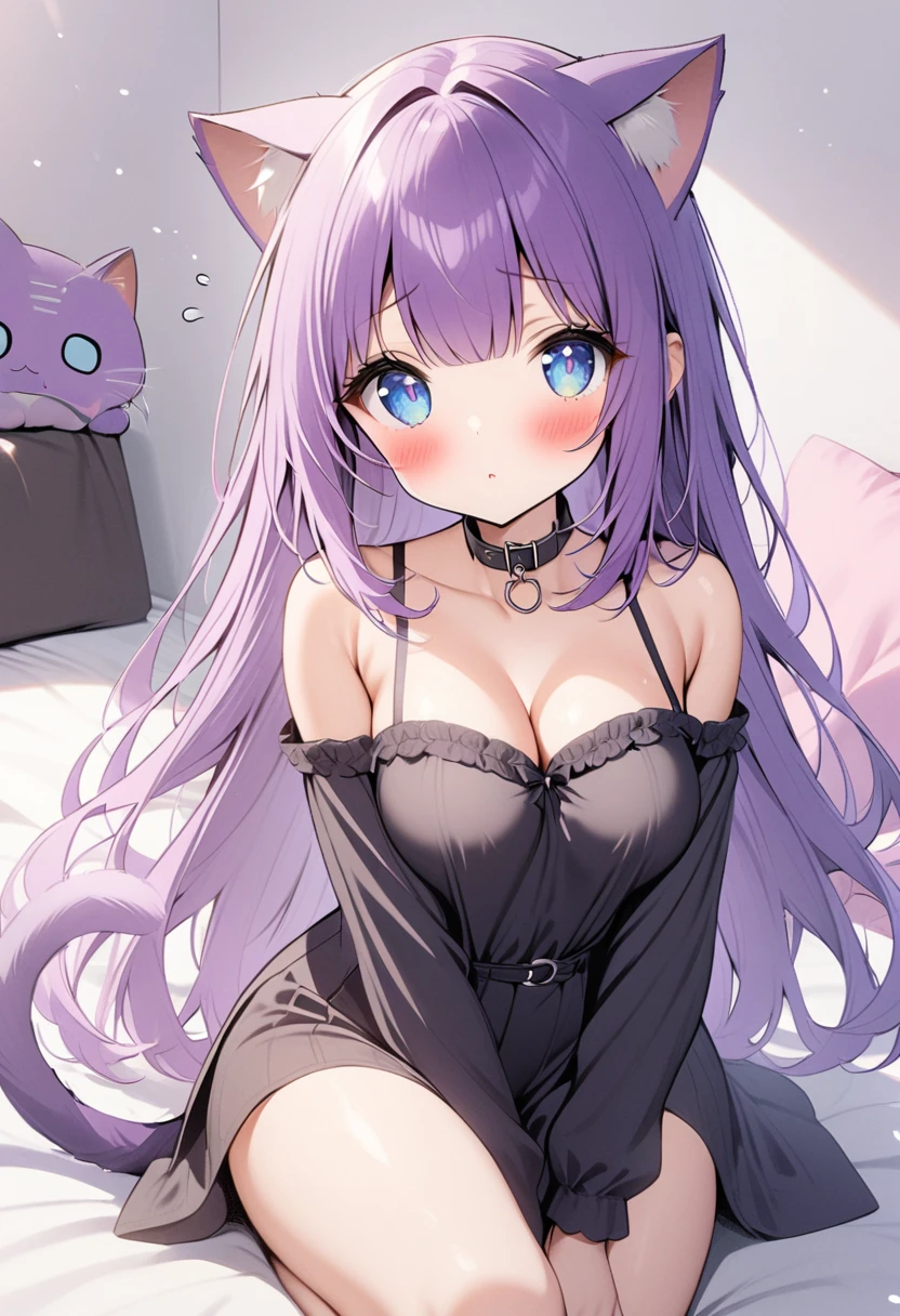 1girl, Blue eyes, Long Hair, Bangs, Purple Hair, Breasts, Blush, black collar, cat ears, purple cat tailc, black clothes