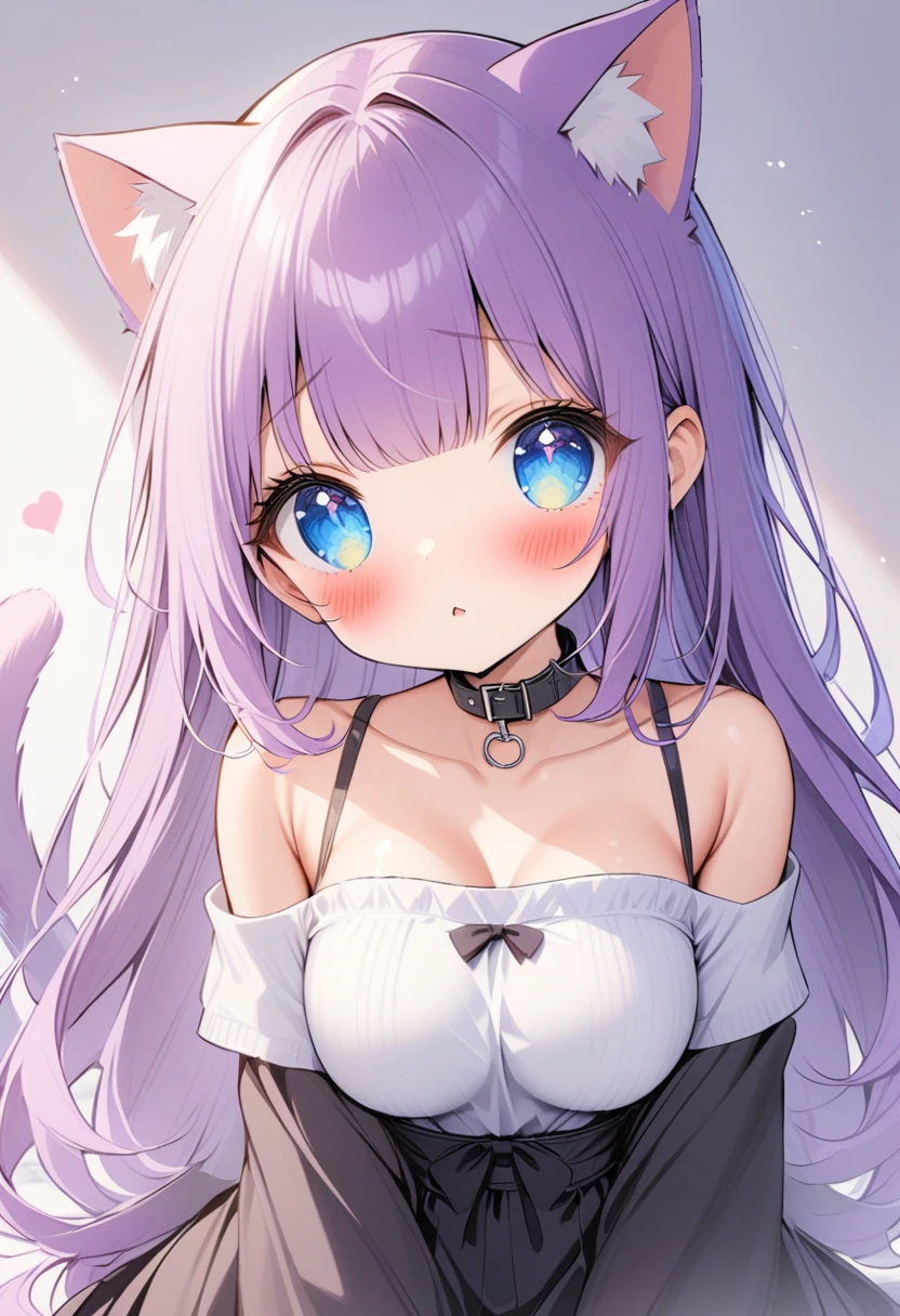 1girl, Blue eyes, Long Hair, Bangs, Purple Hair, Breasts, Blush, black collar, cat ears, purple cat tailc, black clothes