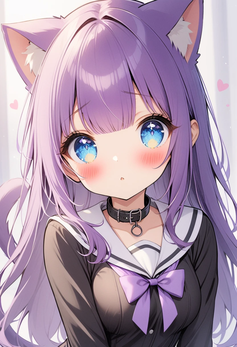 1girl, Blue eyes, Long Hair, Bangs, Purple Hair, Breasts, Blush, black collar, cat ears, purple cat tailc, black clothes