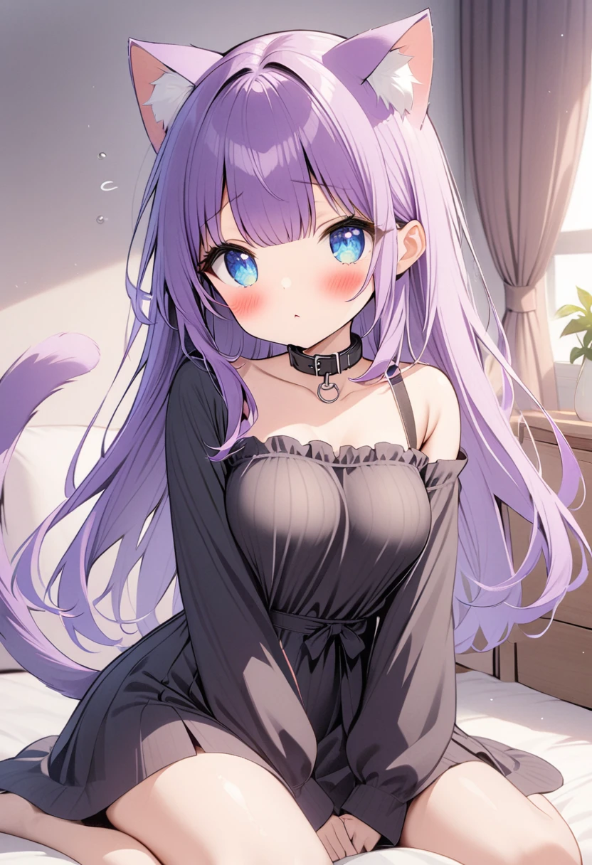 1girl, Blue eyes, Long Hair, Bangs, Purple Hair, Breasts, Blush, black collar, cat ears, purple cat tailc, black clothes