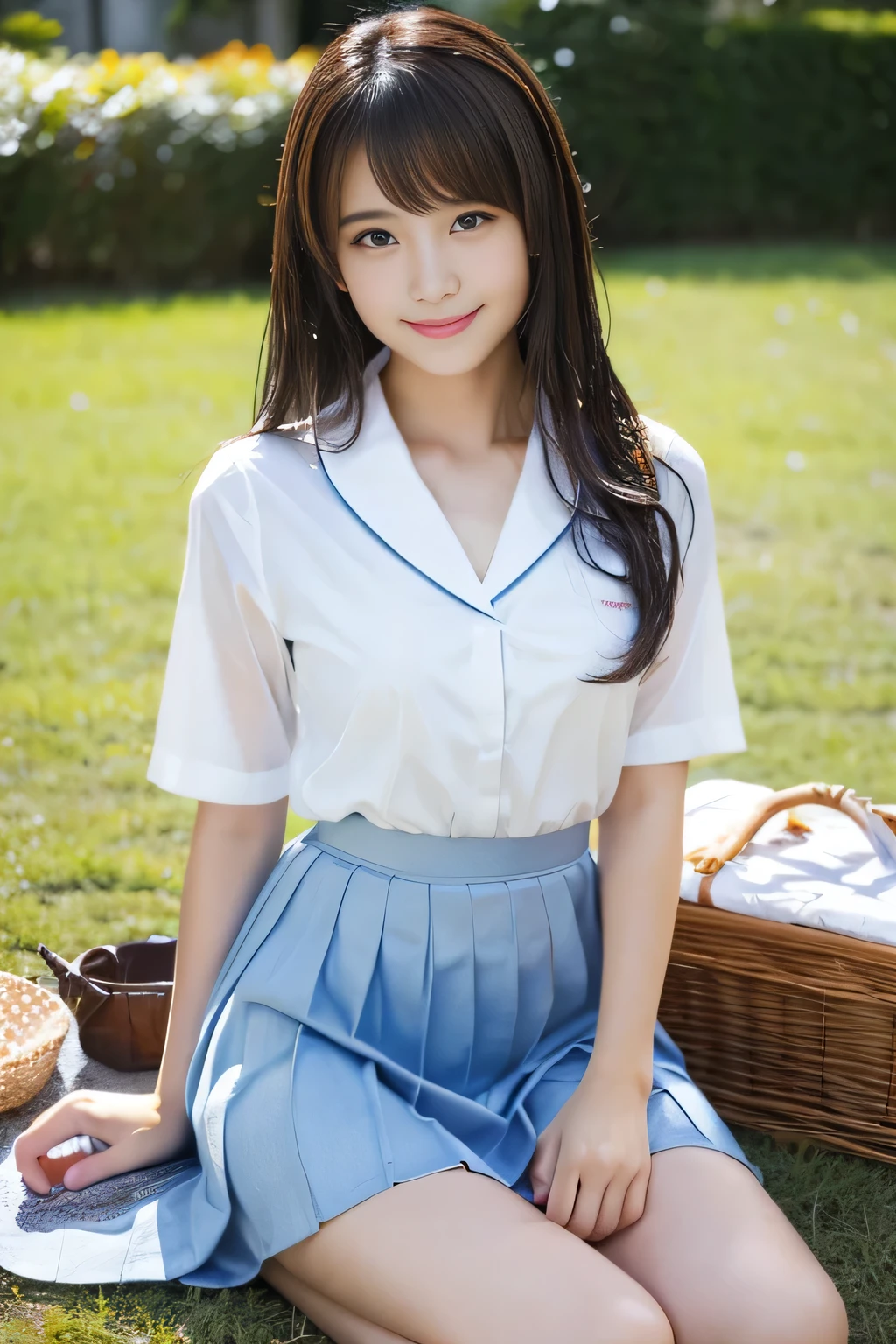 (((32k,High Detail,High Detail、masterpiece,Attention to detail,Full Body Lesbian,,独奏))),Raw photo & Realistic atmosphere,Beautiful deep blue eyes,Mouth details,Glossy Lips,Fine eyebrows,Soft white skin with shining detail and intricately painted eyes、Very beautiful eyes with blue eyes,Detailed lips、very beautiful face,Very well-formed face、A vivid face,Shining beautiful lips,Beautiful eyebrows,Infinite Reality,Best design Japanese Girls in Japanese uniform, realistic Young Gravure Idol, Surreal and very cute high school girl, , Japanese Girls , Japanese uniform, Young Sensual Gravure Idol, Young Gravure Idol, Beautiful and cute17 ,The whole Your body is wet,Dripping.,Blushing,It's very beautiful.17-year-oldl,Natl soft light、Your body is wet,See-through clothing,,Brown shiny hair,Wet hair,Dripping Water,case,mini skirt(,barefoot,,The white short-sleeved shirt is wet and transparent,Summer clothes,beautiful, Kind eyes,Looking into the camera:1.5),(((Beautiful and smooth legs,Exposed thighs,Lifting the skirt at the tightest moment,Shot in the middle of the thigh,A kind smile,Handsome chest,grass, picnic,picnic,bento box,sandwich,Immature body)))