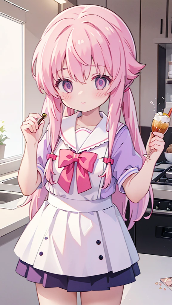 1girl,pink hair, pink eyes with love, detailed eyes, straight hair, straight bangs, shiny hair,
,red bowtie,purple skirt,purple shirt,pleated skirt,short sleeves,Clear images、high resolution, high-definition,masterpiece,best quality, masterpiece, best quality, high resolution, aabeta, double, slim waist, cute, sailor uniform, close up, Cook、In the middle of the meal、cooking、backwards (PastelColors: 1.3)