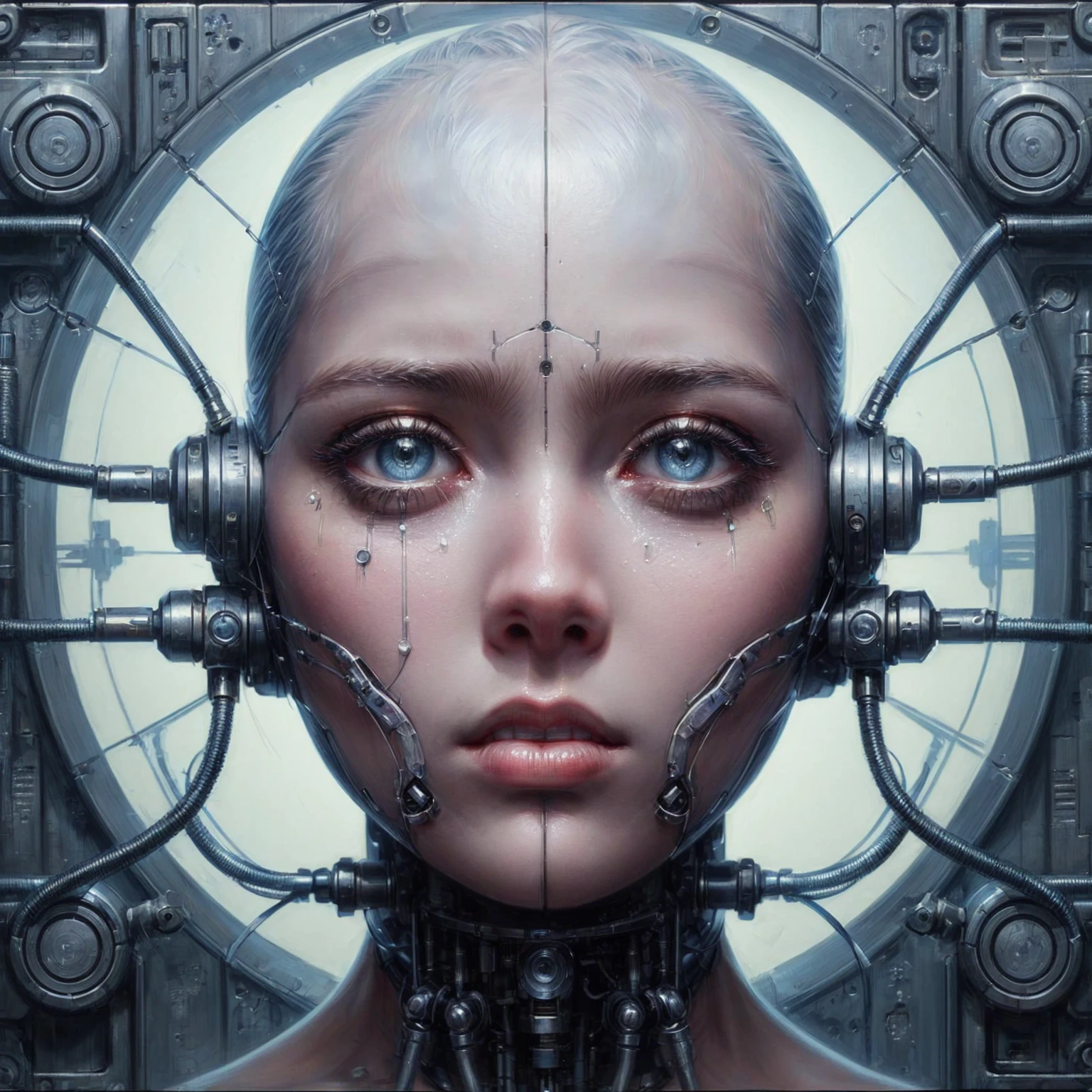 painting of a woman with metal tubes attached to her face and a machine in the background, (sad expression, tears), symmetrical portrait scifi, symmetry! futuristic robotic, symmetry!! portrait of cyborg, portrait of a cyberpunk machine, detailed portrait of a cyborg, cybernetic machine female face, cyborg - girl, portrait of a cyborg, portrait of a mechanical girl, intricate transhuman, cybernetic faces