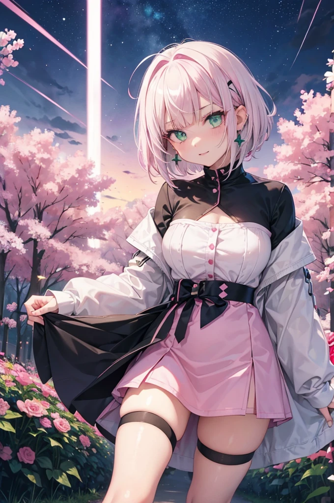 score_9, score_8_up, score_7_up,1 girl, white hair,short hair, star pupils, thunder thigh, stockings,pink streaked hair,pink front bangs,earrings, hair clips, green eyes, flower field,night sky,smug,evil aura,