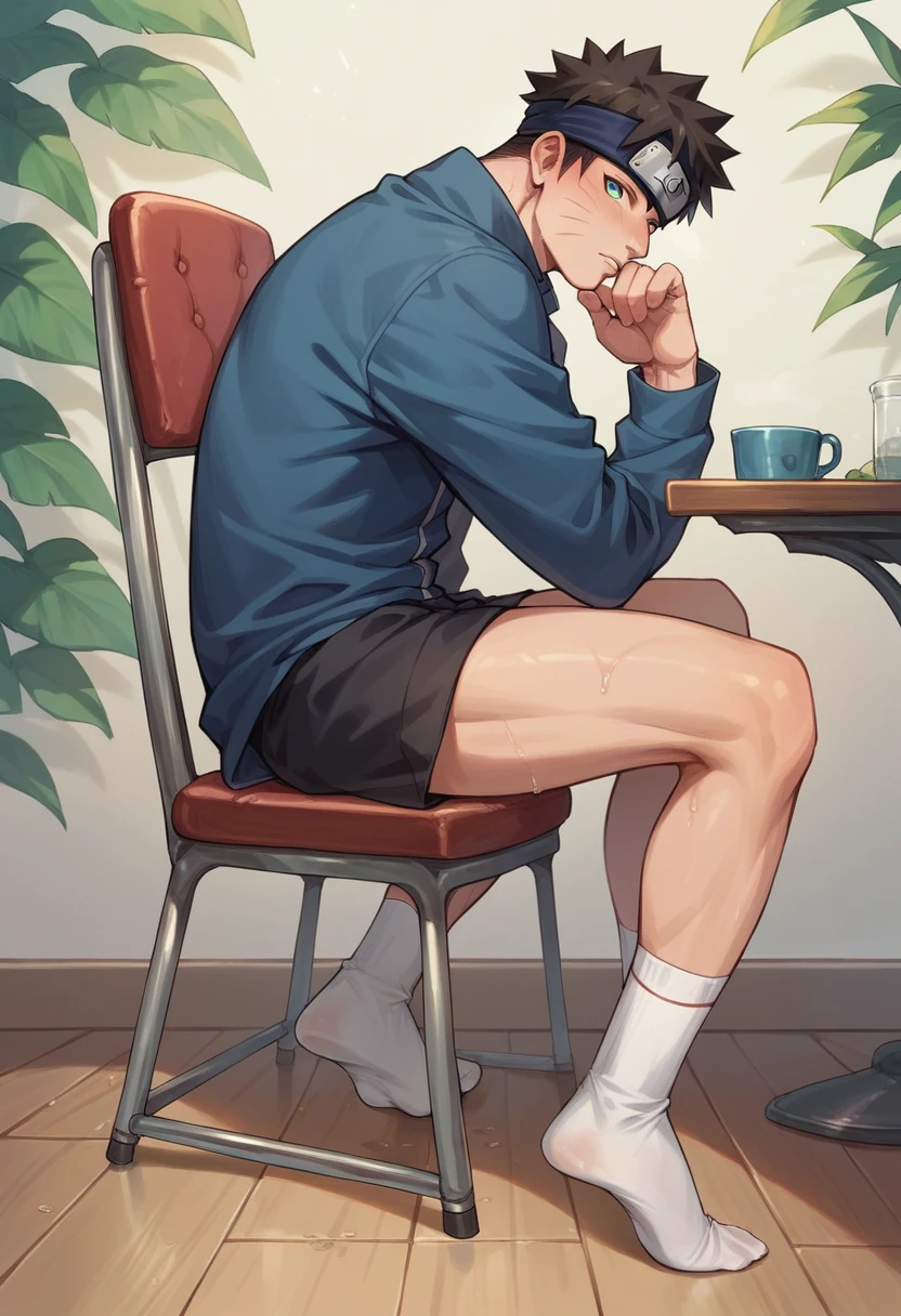 Anime boy Naruto very wet sweaty white socks scrunching his soles under chair so close to the camera