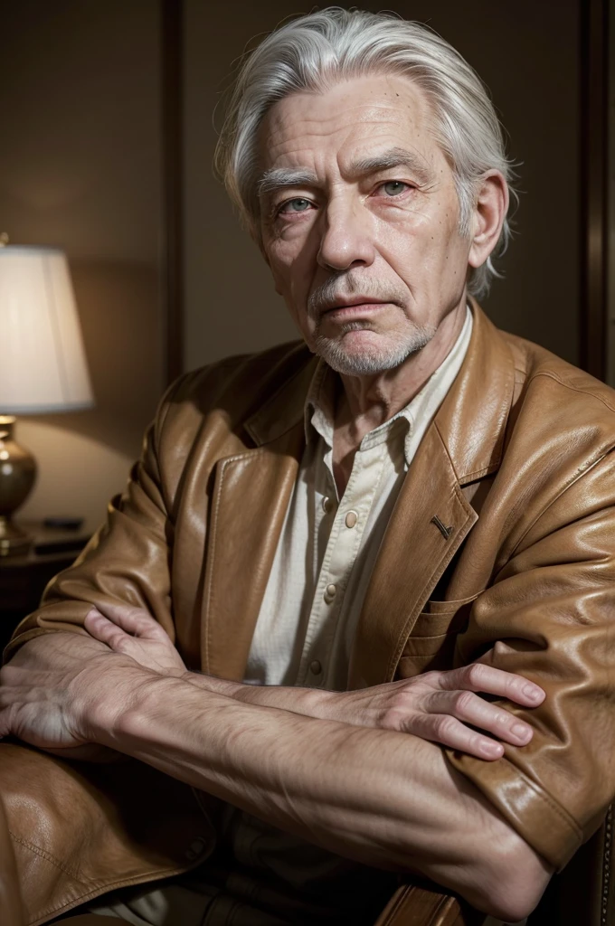 An elderly man with well-combed white hair, adorned with a hint of wispy wiseness, dons a worn, earthy-brown jacket with a subtle sheen, exuding a sense of nostalgia, in a frontal view, his gaze fixed intently on the screen as if being captured by a cinematic lens, his eyes twinkling with a deep wisdom, surrounded by a warm, golden lighting that bathes him in a sense of comfort, with hues of sepia and umber undertones, evoking a sense of vintage sophistication, his wrinkled hands resting delicately on the arms of a worn, leather-bound chair.