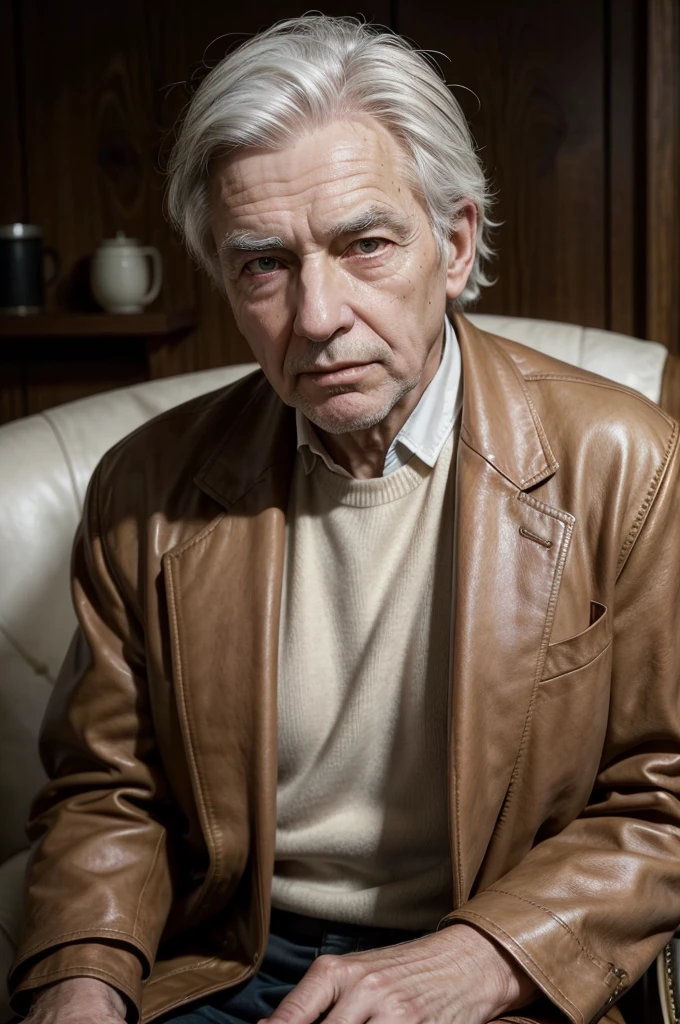 An elderly man with well-combed white hair, adorned with a hint of wispy wiseness, dons a worn, earthy-brown jacket with a subtle sheen, exuding a sense of nostalgia, in a frontal view, his gaze fixed intently on the screen as if being captured by a cinematic lens, his eyes twinkling with a deep wisdom, surrounded by a warm, golden lighting that bathes him in a sense of comfort, with hues of sepia and umber undertones, evoking a sense of vintage sophistication, his wrinkled hands resting delicately on the arms of a worn, leather-bound chair.