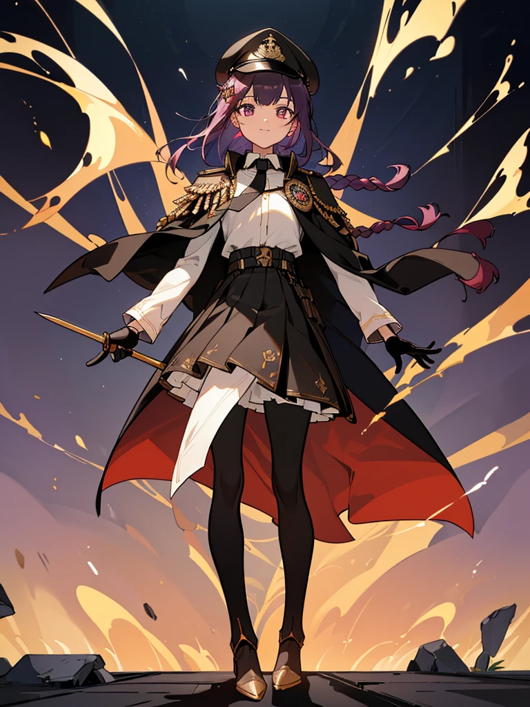 realisitic, City Deserted, Pile of rubble, Brick building, a one woman (18 years old, far away blackw hair, far away slits, Eyes red, glare eyes, 精致的面容, standing (In floor, feet shoulder-width apart), Lolita style military uniform (blackw base, Red Insert, golden decoration, volantes, wide sleeves, dainty and delicate detailing armors), blackw far away gloves (blackw, Red Insert, golden decoration, small hands, armors), blackw far away gloves, knee high boots (blackw, high-heels, red soles), ha (blackw, aba dourada, shield emblem, delicate details), arms in front, Front of belly, Holding military swords with both hands (blackw, golden decoration, delicate detail, Handle at the top, Ground-facing blade, in front of the body, far away), night sky (blackw, stele, Increased flames and smoke) Pale painting style, One Girl, super high quality, Super Detail, Super Detailed image, long hair, looking at viewer, skirt, shirt, hair ornament, violet eyes, gloves, round glasses, long sleeves, hat, closed mouth, jacket, violet hair, braid, open clothes, necktie, black gloves, black skirt, uniform, single braid, open jacket, black jacket, black headwear, 手链, Peaked cap, black necktie, cropped jacket, military hat, pantyhose, Flat Chest, smile, Black Cape
