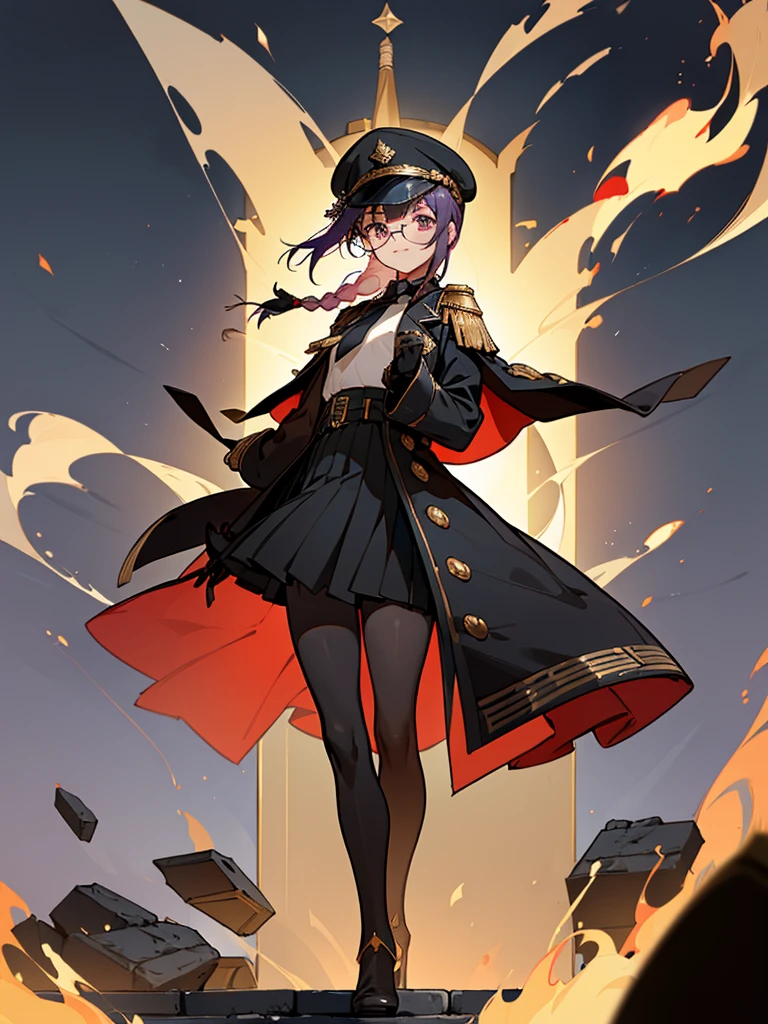 realisitic, City Deserted, Pile of rubble, Brick building, a one woman (18 years old, far away blackw hair, far away slits, Eyes red, glare eyes, 精致的面容, standing (In floor, feet shoulder-width apart), Lolita style military uniform (blackw base, Red Insert, golden decoration, volantes, wide sleeves, dainty and delicate detailing armors), blackw far away gloves (blackw, Red Insert, golden decoration, small hands, armors), blackw far away gloves, knee high boots (blackw, high-heels, red soles), ha (blackw, aba dourada, shield emblem, delicate details), arms in front, Front of belly, Holding military swords with both hands (blackw, golden decoration, delicate detail, Handle at the top, Ground-facing blade, in front of the body, far away), night sky (blackw, stele, Increased flames and smoke) Pale painting style, One Girl, super high quality, Super Detail, Super Detailed image, long hair, looking at viewer, skirt, shirt, hair ornament, violet eyes, gloves, round glasses, long sleeves, hat, closed mouth, jacket, violet hair, braid, open clothes, necktie, black gloves, black skirt, uniform, single braid, open jacket, black jacket, black headwear, 手链, Peaked cap, black necktie, cropped jacket, military hat, pantyhose, Flat Chest, smile, Black Cape