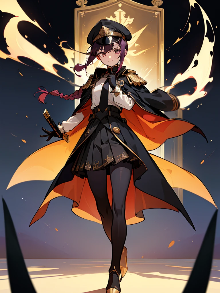 realisitic, City Deserted, Pile of rubble, Brick building, a one woman (18 years old, far away blackw hair, far away slits, Eyes red, glare eyes, 精致的面容, standing (In floor, feet shoulder-width apart), Lolita style military uniform (blackw base, Red Insert, golden decoration, volantes, wide sleeves, dainty and delicate detailing armors), blackw far away gloves (blackw, Red Insert, golden decoration, small hands, armors), blackw far away gloves, knee high boots (blackw, high-heels, red soles), ha (blackw, aba dourada, shield emblem, delicate details), arms in front, Front of belly, Holding military swords with both hands (blackw, golden decoration, delicate detail, Handle at the top, Ground-facing blade, in front of the body, far away), night sky (blackw, stele, Increased flames and smoke) Pale painting style, One Girl, super high quality, Super Detail, Super Detailed image, long hair, looking at viewer, skirt, shirt, hair ornament, violet eyes, gloves, round glasses, long sleeves, hat, closed mouth, jacket, violet hair, braid, open clothes, necktie, black gloves, black skirt, uniform, single braid, open jacket, black jacket, black headwear, 手链, Peaked cap, black necktie, cropped jacket, military hat, pantyhose, Flat Chest, smile, Black Cape